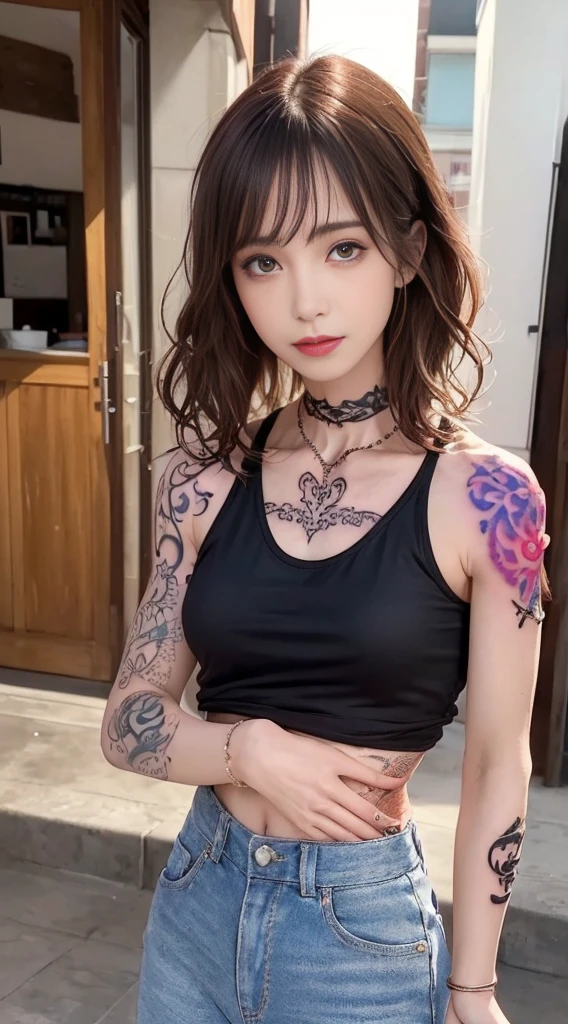 ((medium sized , tomboy girl, small head)),  (Belly chisel : 1.1), (perfect body : 1.1), (short wavy hair : 1.2) , reddish brown hair, shirt collar, chain, full body shot, Busy streets, Wear a black tank top., jeans jacket, (Torn clothes:1.3)((sh), (วอลล์เปเปอร์ CG 8k ที่very detailed), (Delicate and extremely beautiful), (Masterpiece), (best quality:1.0), (ultra height:1.0),  beautiful light ,perfect lightning, realistic shadows, [height], Fine skin, very detailed (((colorful))),(All tattoos:1.5),