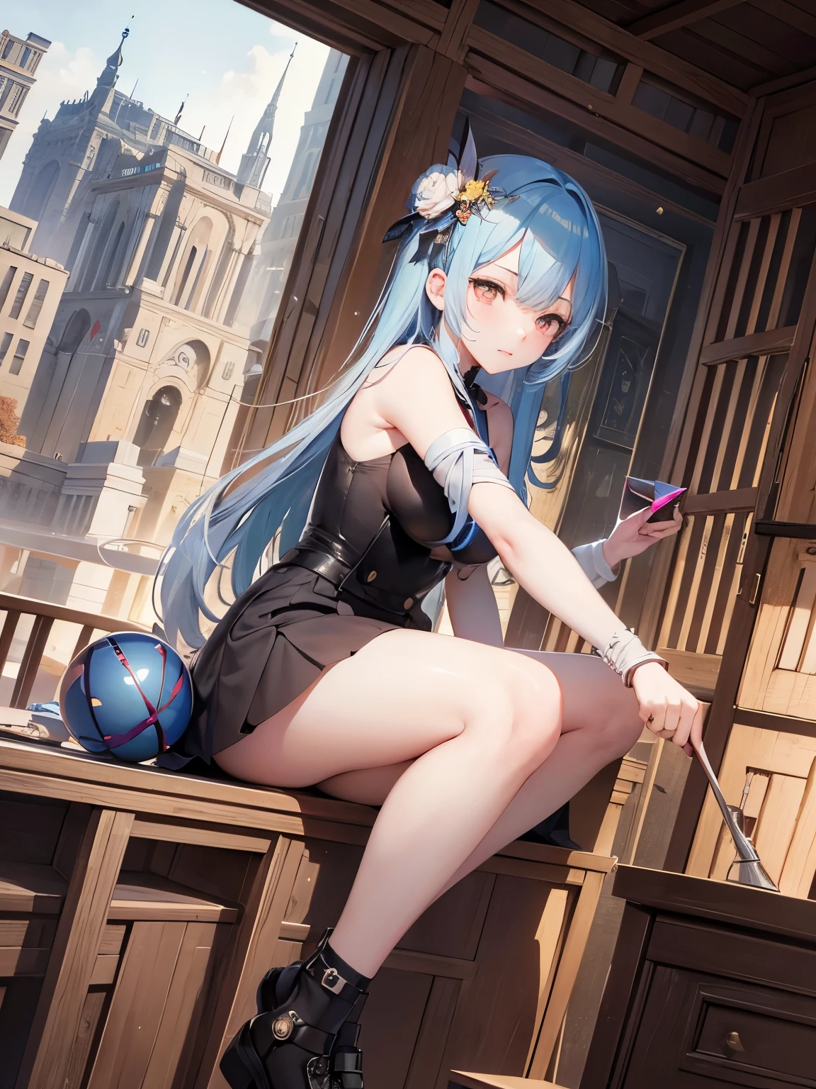 Lebbeus Woods, Paul Klee, Giorgio de Chirico, Surreal, mysterious, bizarre, fantastical, fantasy, Sci-fi, Japanese anime, Ferris wheel, Roman wooden architecture, beautiful girl in a miniskirt, perfect voluminous body, stacked spheres, cubes, cones, triangular prisms, desks, chairs, umbrellas, towers of objects, detailed masterpiece low angles perspectives Hyper realistic sharp focus zoom in solo girl sexy erotic provocative seducing sensual embarrassed shy blushing happy scared real