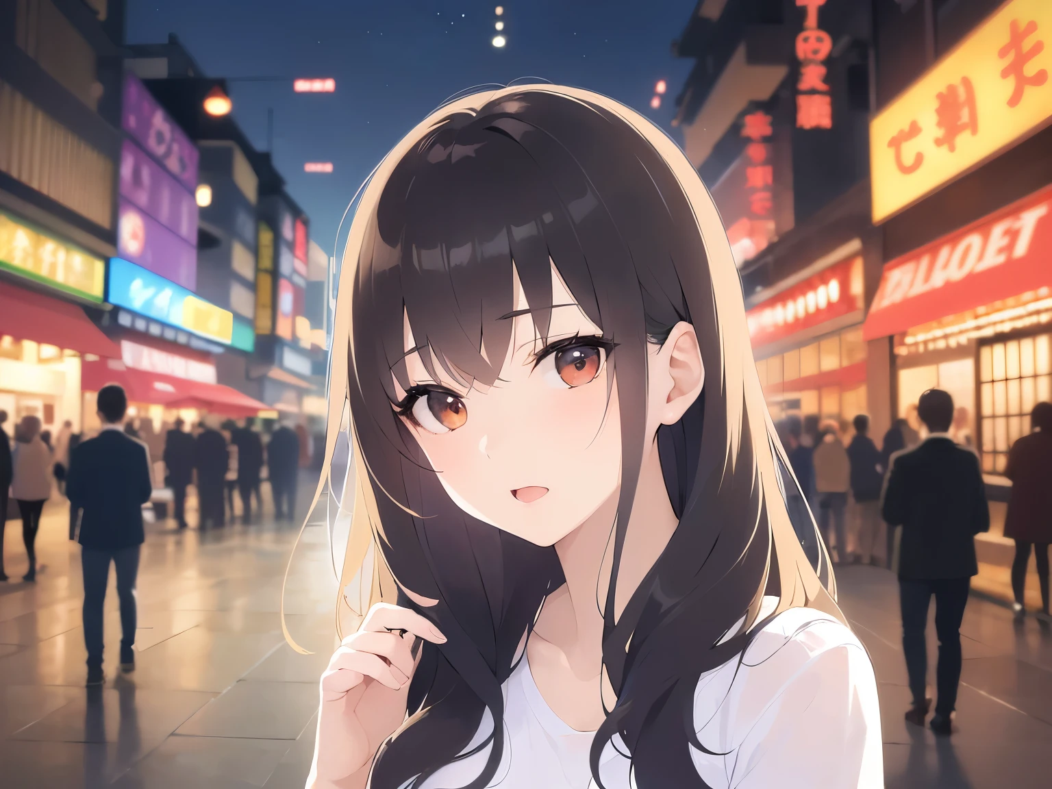 (Resting hand on chin:1.3)、Upper Body, Realistic, real person, (pale skin: 1.2), RAW photo, photorealistic, portrait photography, shiny skin, japanese idol、shiny hair、(25 year old woman with medium hair with bangs) and (wavy hair) and (brown hair) and (orange eyes) , plain white t-shirt 、(sad:1.3), open mouth, The background is a shopping street at night、Alone、Are standing