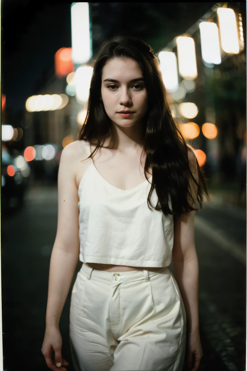 polaroid photo, night photo, 14 year old photo.oh beautiful woman, pale skin, bokeh, motion-blur