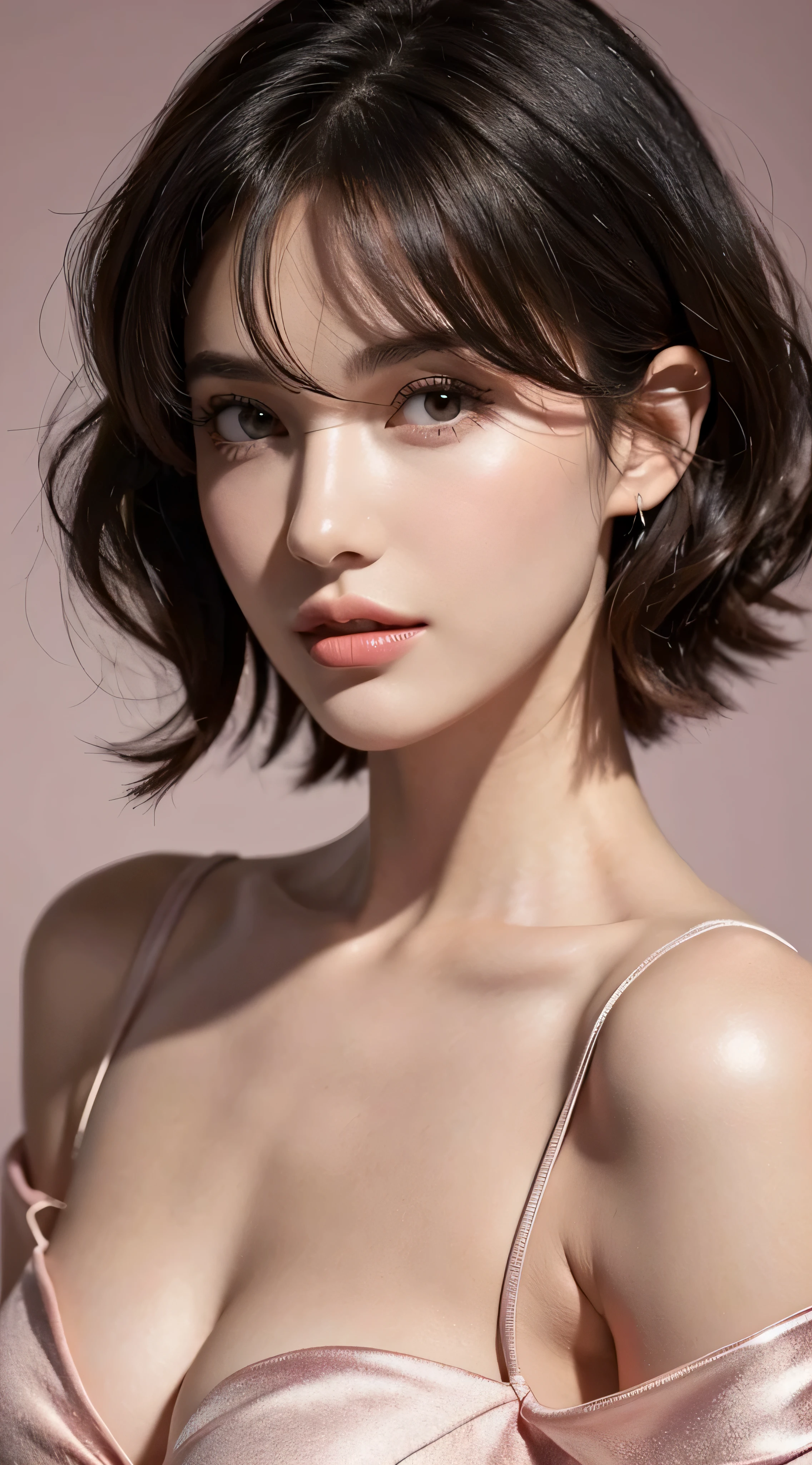 beautiful woman, italian woman, europian, europe woman, masterpiece, best quality, ultra detailed, (photorealistic:1.5), in the dark, deep shadow, low key, cold light, sexy look, shiny eyes, detailed face, full body, detailed body, full picture, beautiful eyes, pink eyes, detailed eyeshadows, detailed eyelashes, pink hair, wispy fringe bangs haircut, (attractive:1.6), sharp focus, seductive eyes, (short hair:1.3), (wavy hair:1.2), red off shoulder dress, (beautiful:1.6)