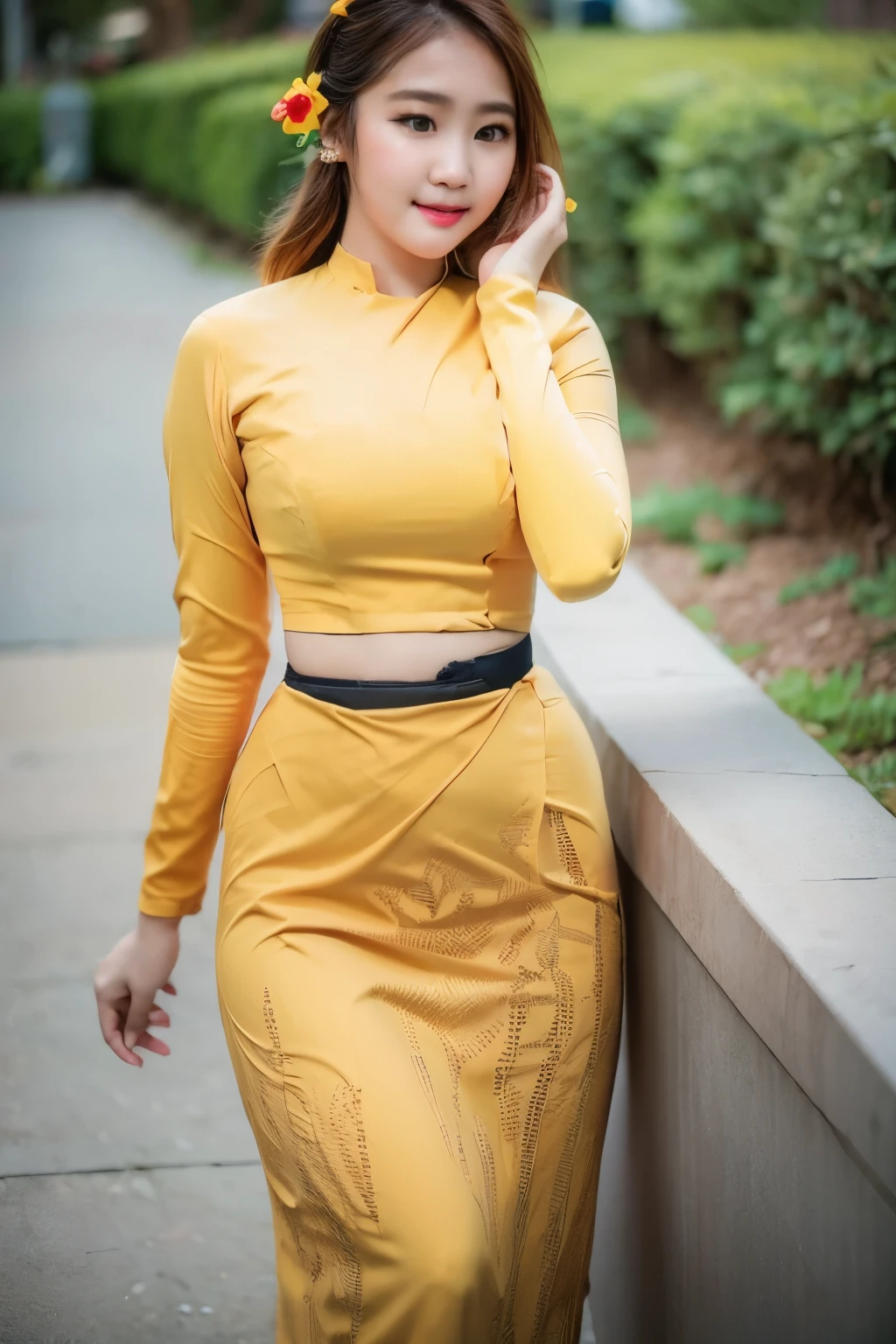 1 girl, solo, seductive look, element of elegance and charm, (masterpiece, best quality, high resolution:1.2), looking at the viewer, standing, (intricate and beautiful:1.2), (detailed light:1.2), (soft light , side light), (high resolution textures), outdoor, Burmese girl, acmm ls outfit, wearing acmm top, yellow acmm top, long sleeves, wearing acmm long skirt, yellow acmm long skirt, printed skirt