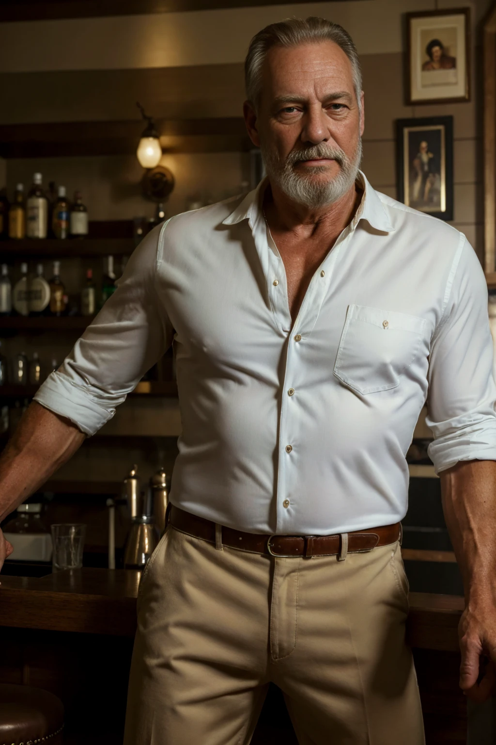 (best quality, highres, realistic:1.37), portrait, 60-year-old white man, disgusting, muscular, kind, buttoned-up shirt, pants, stylish beard, bartender