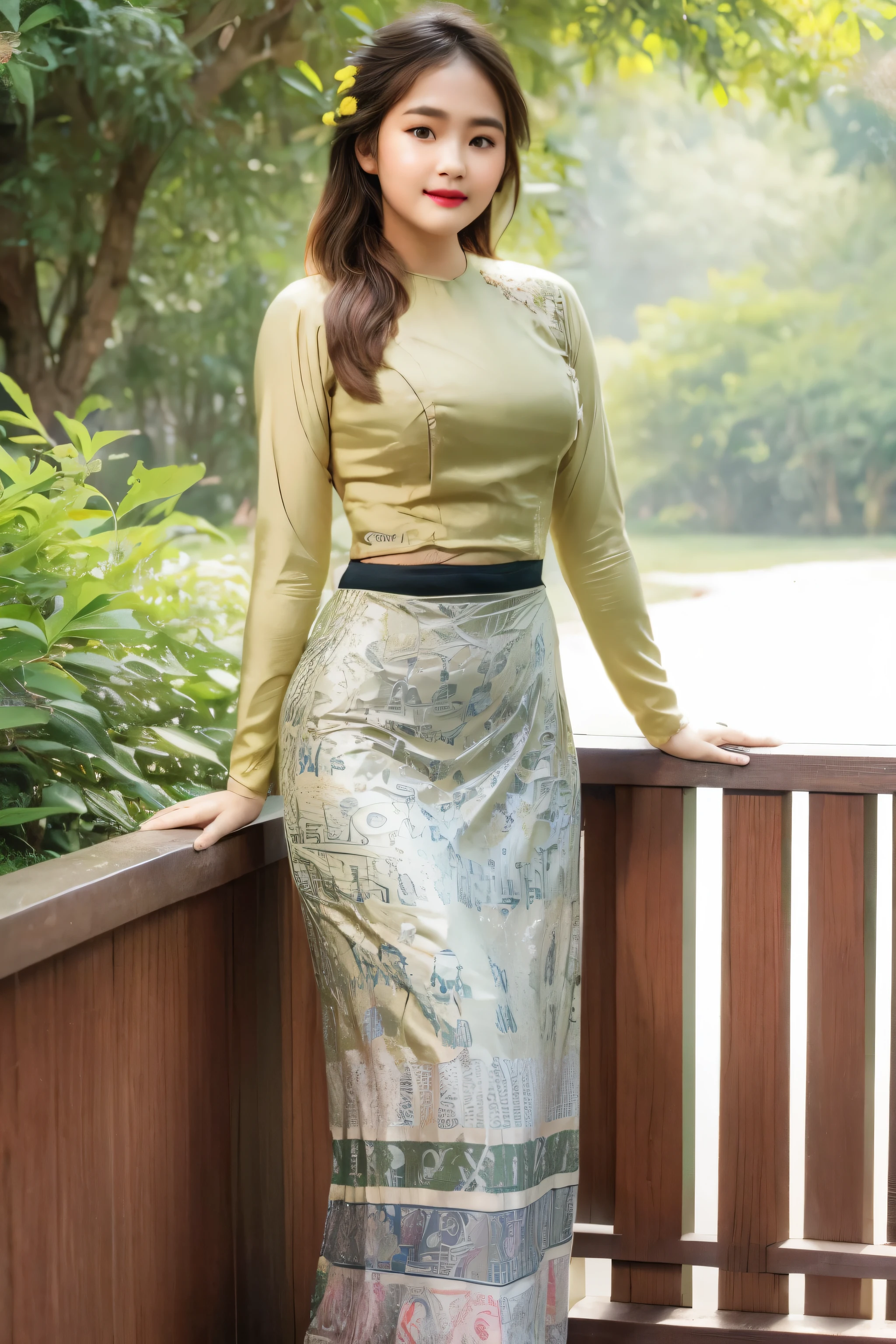 1 girl, solo, seductive look, element of elegance and charm, (masterpiece, best quality, high resolution:1.2), looking at the viewer, standing, (intricate and beautiful:1.2), (detailed light:1.2), (soft light , side light), (high resolution textures), outdoor, Burmese girl, acmm ls outfit, wearing acmm top, olive green acmm top, long sleeves, wearing acmm long skirt, olive green acmm long skirt, printed skirt