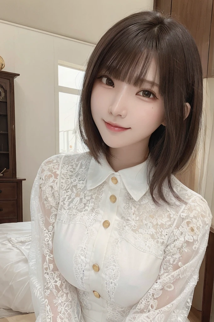 masterpiece, highest quality, High resolution, amazingly beautiful woman,21 years old,sunny day, blazer dress, (puffy eyes:1.05), (white lace shirt), brown hair,high definition skin, skin pores, Stunning innocent symmetrical face, long eyelashes, black eyeliner, bright gold eyeshadow,(Banzai pose),  A smile that shows white teeth,