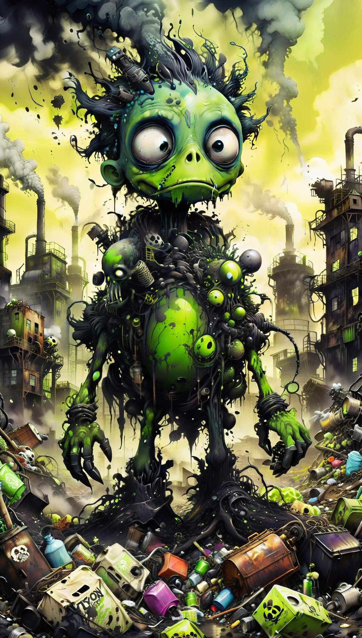 Dark toon ink art style creature growing amidst heaps of toxic waste and garbage, swelling the absortion of dust, germs and poison gases, surrounded by an eerie, industrial backdrop, detailed textures, exaggerated shadows, high contrast, ink wash technique, urban dystopian atmosphere, highly detailed, pen and ink.