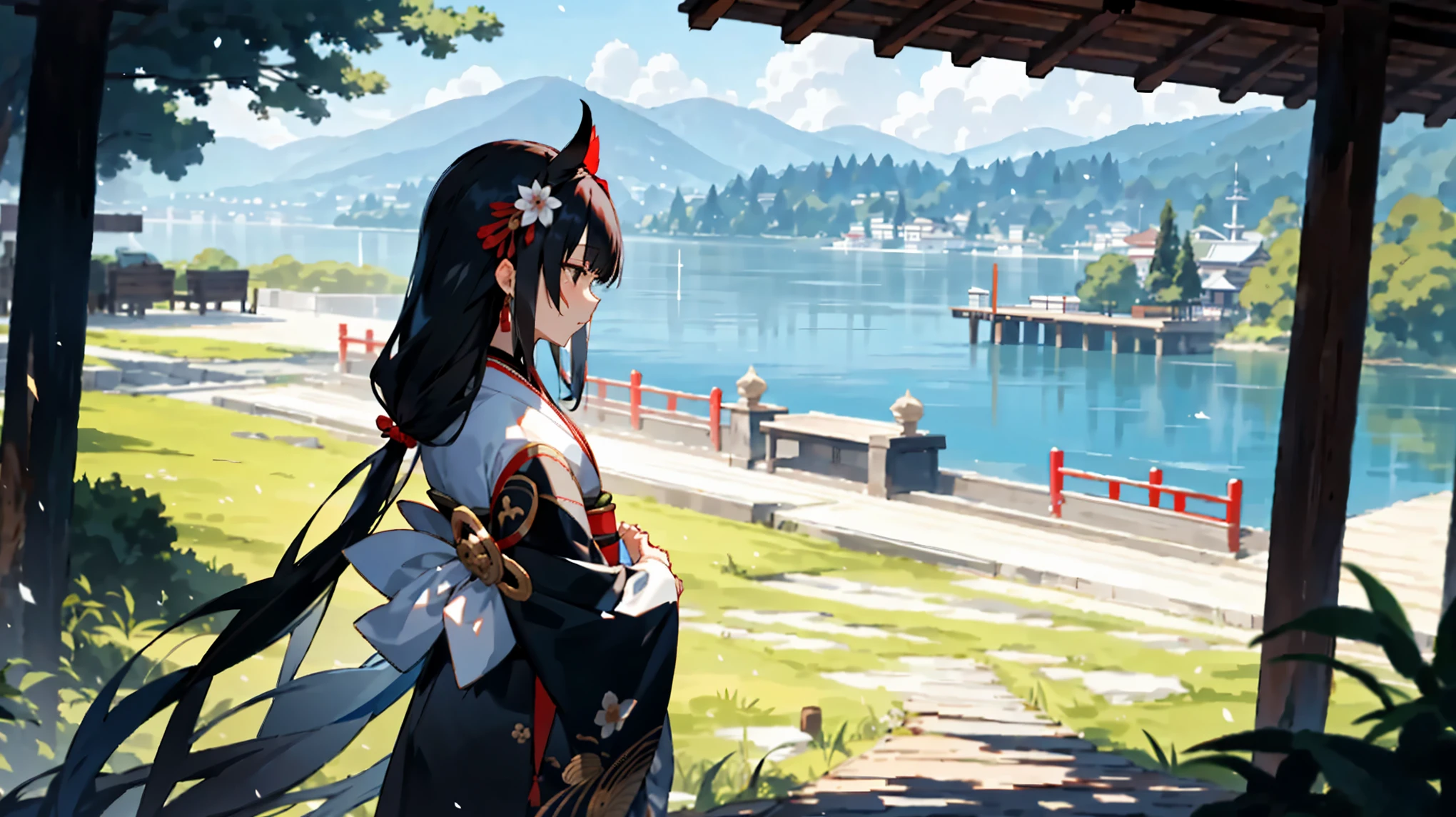 long hair, black hair, black eyes, kimono, wariza, Fair skin, outdoors, nature, from side, Fate/Grand Order, --niji 5 --style scenic --ar 3:2