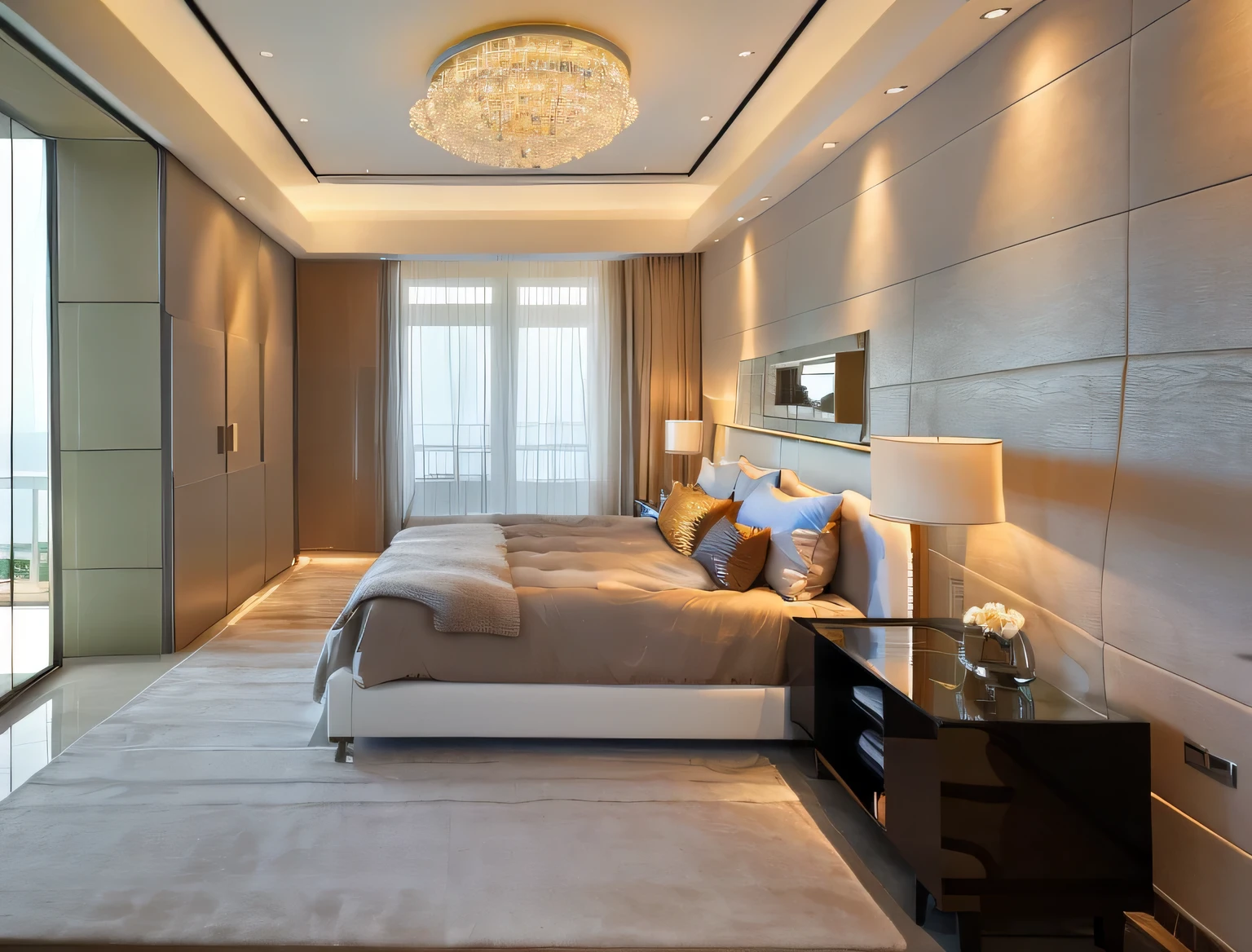 Modern bedroom interior design, wood floor, rug, luxurious sofa, glass window, glass door, lamp, picture frame, wooden cabinet, white curtain, white ceiling, (masterpiece), realistic, high quality, softlight, natural contrast, scenery,(luxury), stucco wall, vivid colour, sunset lighting, background island