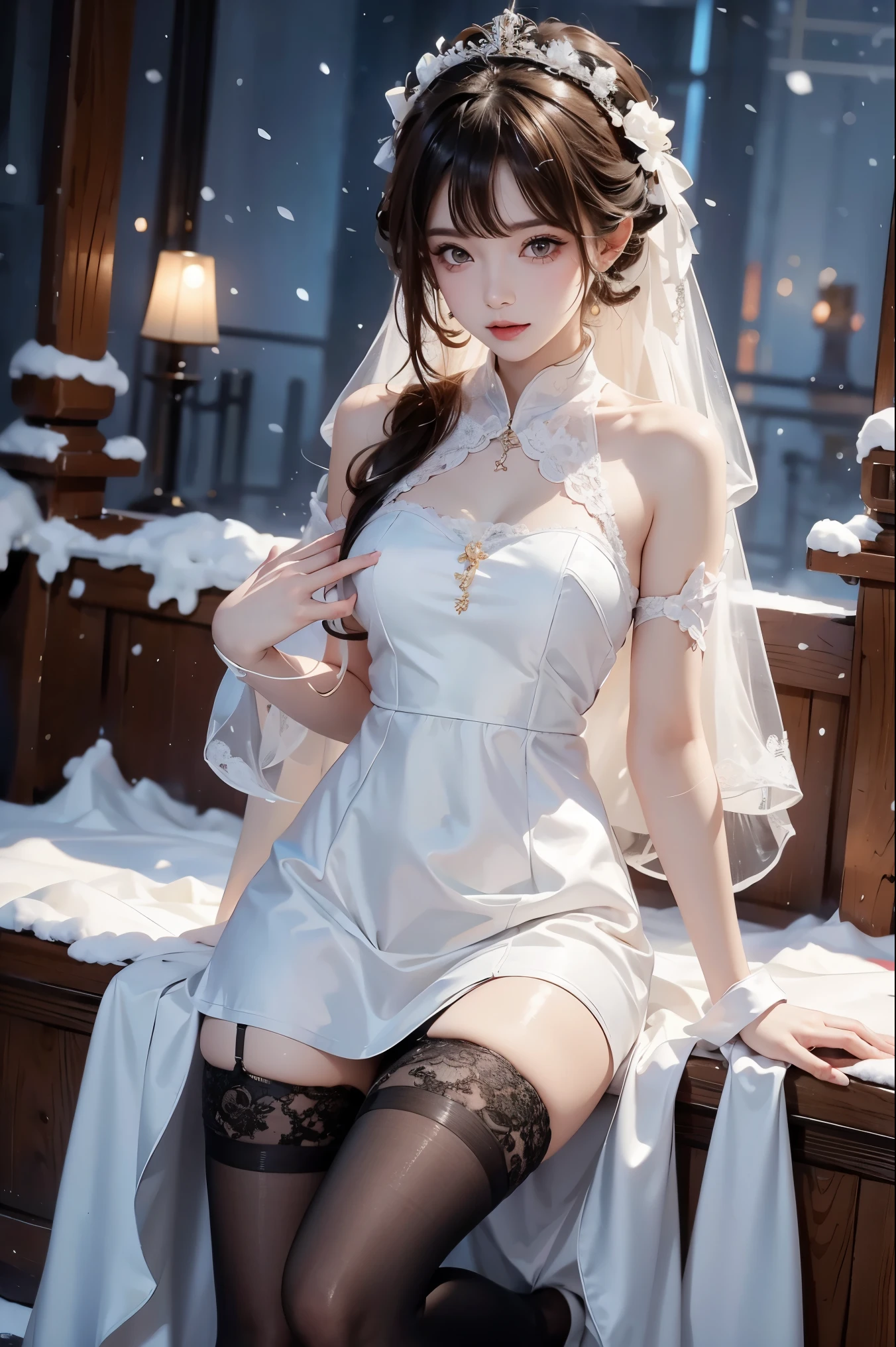 1 girl, Bangs,stockings，lace，dress，outdoor，snow，snow花