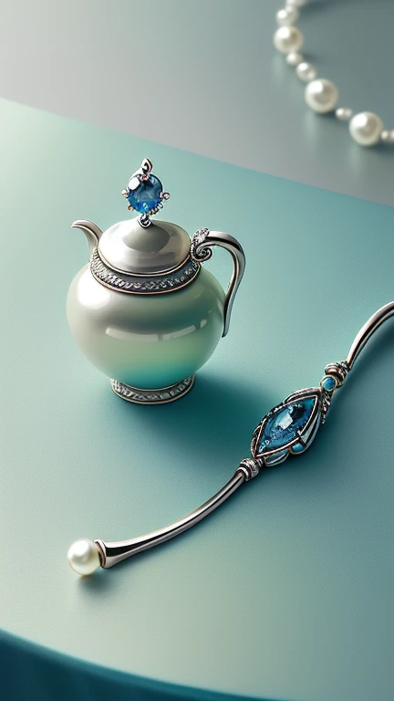 Top jewelry photography, Silver Chinese classical long handle hairpin, Pearls and tassels, Place on a simple and clean table, Set against a background of sapphire green and blue styles, pastel colors,Fun and simple composition, Product photography, Best image quality, close up