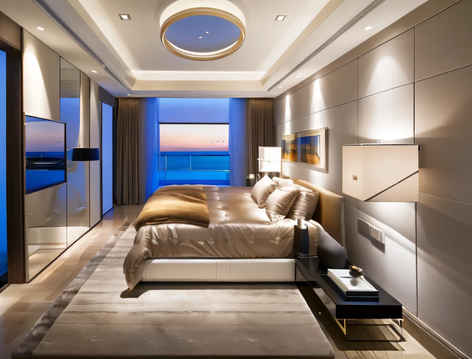 Modern bedroom interior design, wood floor, rug, luxurious sofa, glass window, glass door, lamp, picture frame, wooden cabinet, white curtain, white ceiling, (masterpiece), realistic, high quality, softlight, natural contrast, scenery,(luxury), stucco wall, vivid colour, sunset lighting, background island