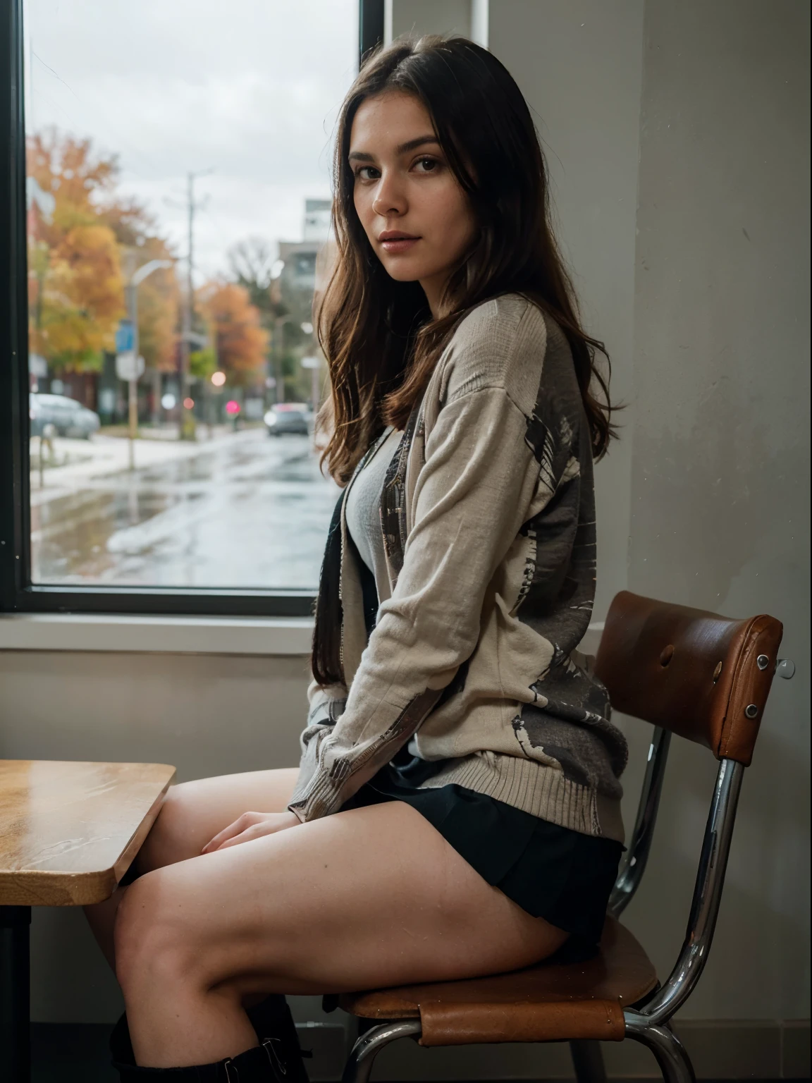 1 young woman (full-body, soft portrait shot 8 k, solo, ultra high res, photograph, RAW, masterpiece, best quality, ultra-detailed, film grain:1.3, ray tracing), (22 years old, beautiful face, attractive girl, attractive woman, beautiful brunette woman, beautiful brunette girl, attractive female, brunette woman, gorgeous female, European, realistic skin, chestnut hair, long hair:1.3, sitting, happy, arms down) (t-shirt, skirt, knee length cardigan knee length sweater, leather riding boots, crossbody clutch), (analog style, (side view), looking away), (fall, autumn, indoors (day), upscale cafe, shadows, rainy day, contrast, sidelighting, cool hue, cool tone:1.2)