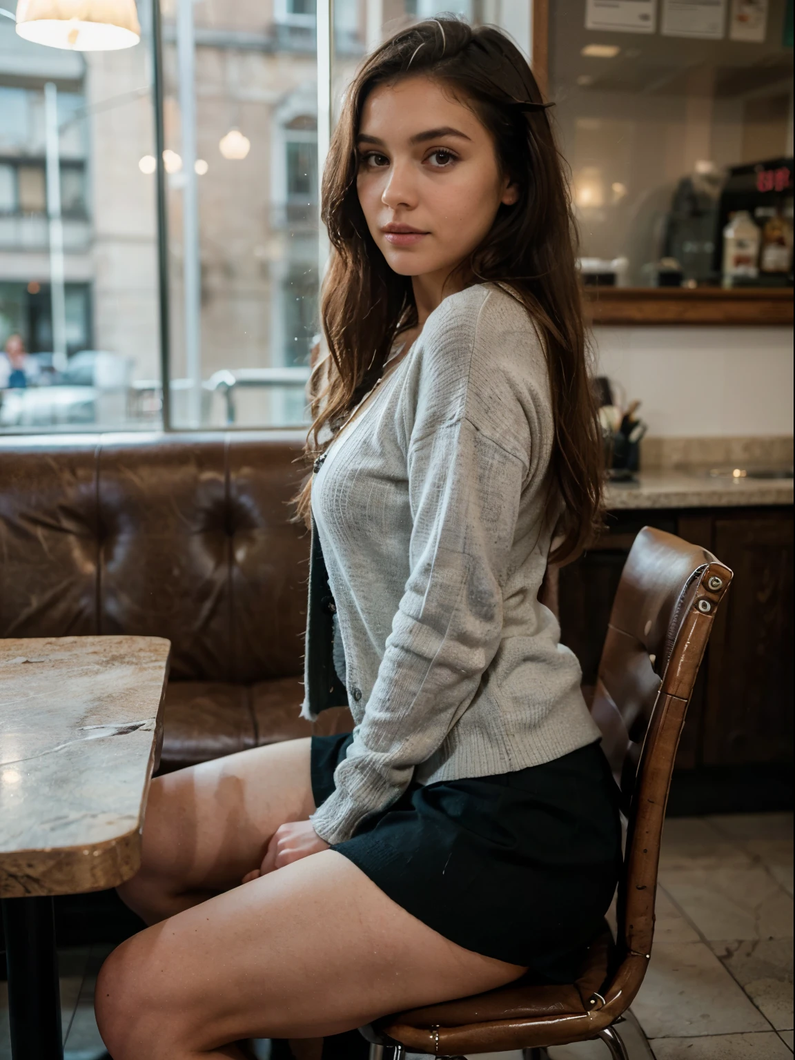 1 young woman (full-body, soft portrait shot 8 k, solo, ultra high res, photograph, RAW, masterpiece, best quality, ultra-detailed, film grain:1.3, ray tracing), (22 years old, beautiful face, attractive girl, attractive woman, beautiful brunette woman, beautiful brunette girl, attractive female, brunette woman, gorgeous female, European, realistic skin, chestnut hair, long hair:1.3, sitting, happy, arms down) (t-shirt, skirt, knee length cardigan knee length sweater, leather riding boots, crossbody clutch), (analog style, (side view), looking away), (fall, autumn, indoors (day), upscale cafe, shadows, rainy day, contrast, sidelighting, cool hue, cool tone:1.2)