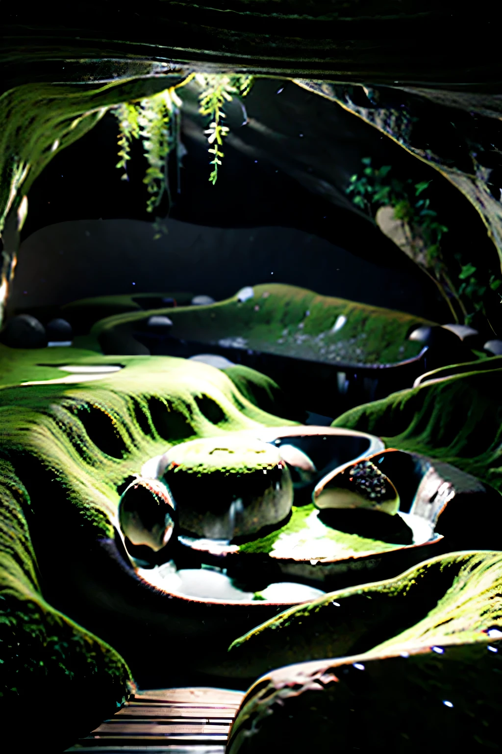 cozy house hidden in a cave, a 3D render, by Zha Shibiao, moss landscape, beautiful aesthetic design, organic form — ar 3:4
