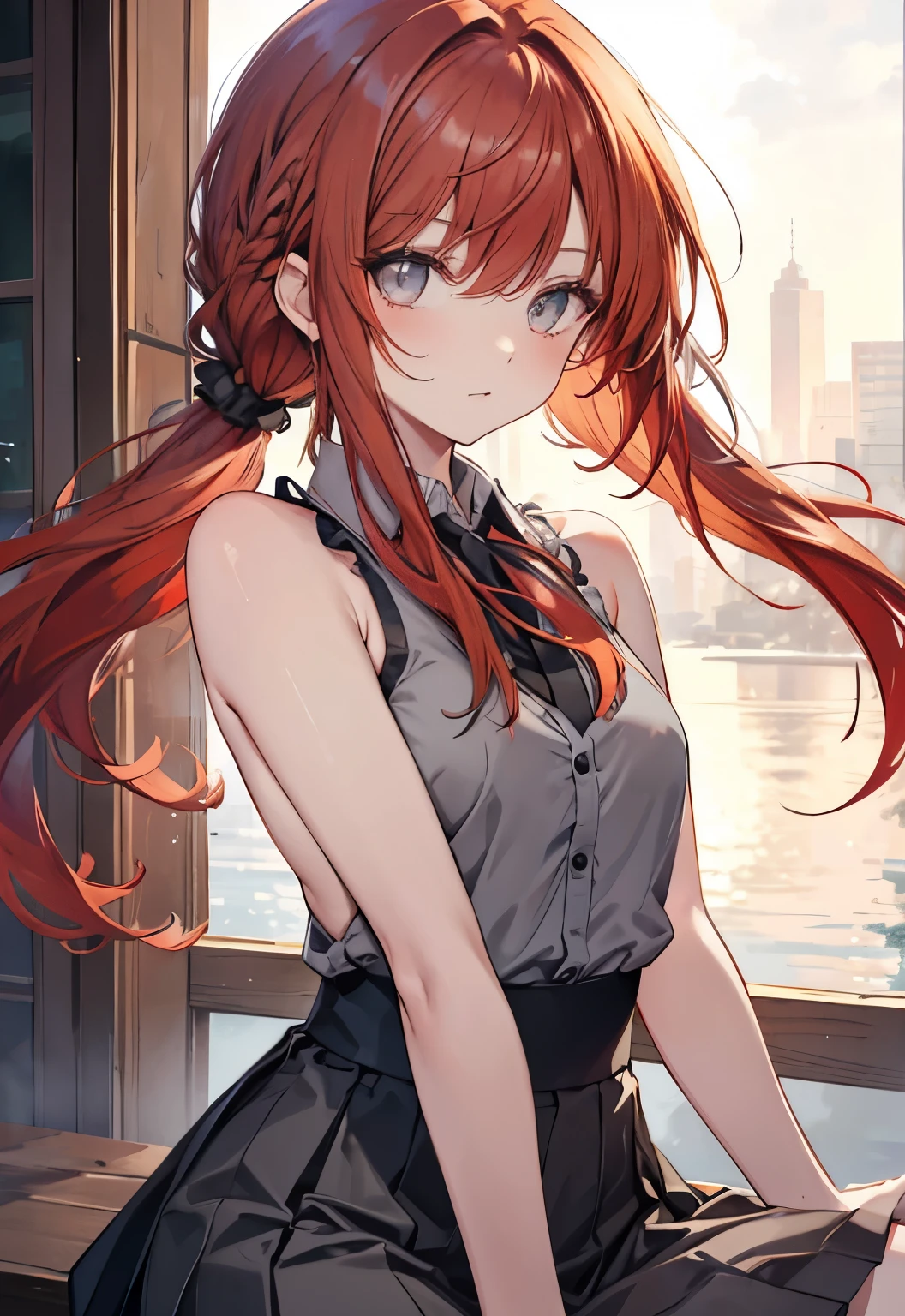 anime, bangs, hair ornament, ((red hair, gray eyes:1.5)), very thin, swept bangs, low twintails, scrunchie, hair scrunchie, white scrunchie, side angle, (medium breast:1.2, toned arms), BREAK (sleeveless halter neck collared shirt, backless shirt, gray skirt), BREAK looking at viewer, BREAK outside, swamp, willow tree, town, dusk, BREAK (masterpiece:1.2), best quality, high resolution, unity 8k wallpaper, (illustration:0.8), (beautiful detailed eyes:1.6), extremely detailed face, perfect lighting, extremely detailed CG, (perfect hands, perfect anatomy),