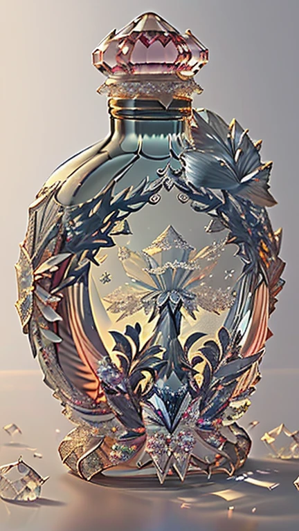 (masterpiece, top quality, best quality, official art, Beautiful and beautiful:1.2),(8K, best quality, masterpiece:1.2),CG bottle sw, no humans, gem, still life, gray background, Book, Simple background, vague, crystal,( blue gemstone:1.5),( Ice flower pattern:1.5), (Ice flower carving:1.4),( Blue glass,:1.5) glass bottle, Metal flower carving,