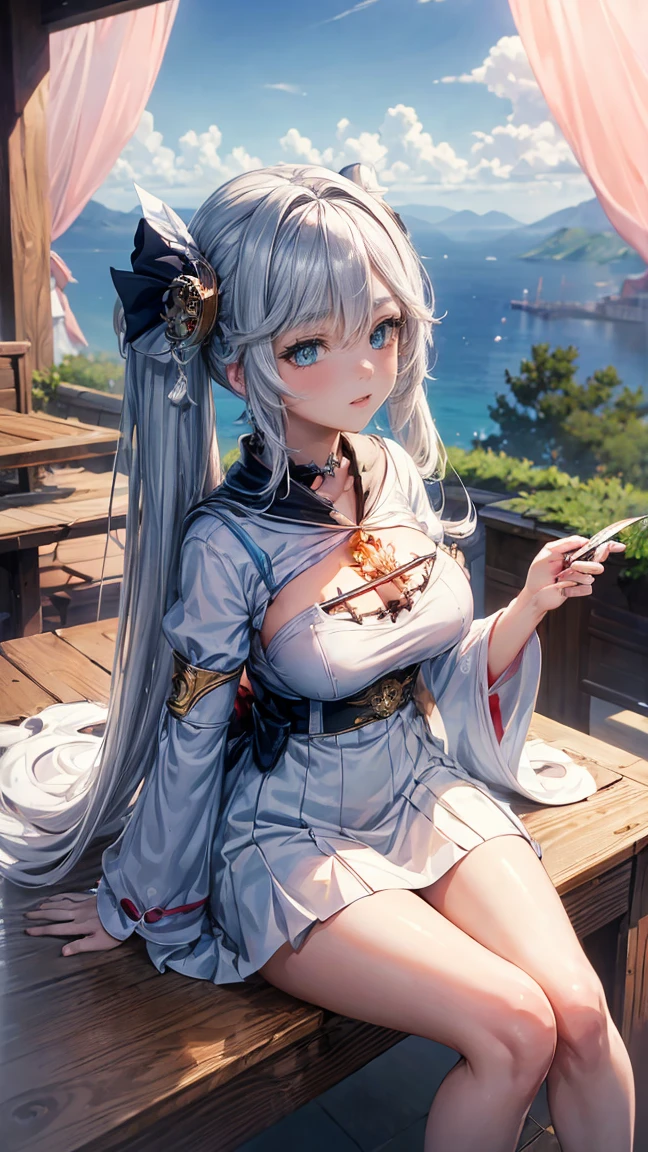 Anime girl sitting on chair in white dress, cute anime waifu in a nice dress, azur lane style, Guweiz in Pixiv ArtStation, trending on artstation pixiv, Guweiz on ArtStation Pixiv, Anime goddess, onmyoji, trending on cgstation, style of anime4 K, Guviz, perfect body, perfect breast,((Best quality, 8k, Masterpiece :1.3)), Sharp focus :1.2, Perfect body beauty: 1.4, lewd face and holding condoms,hand between leg