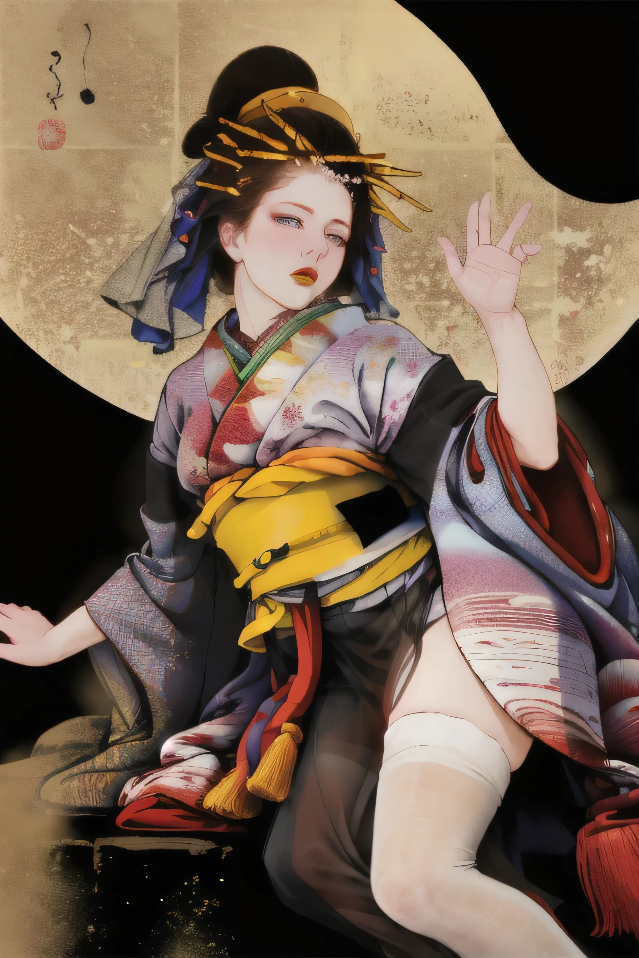1 girl, alone, looking at the viewer, blue eyes, black hair, hair ornaments, Upper body, kimono, kimono, sash, compensate, lipstick, red nails, red lips, Hairpin,silk stockings ,See-through hakama， dark purple eyes，Navy blue kimono on black background　,Open Crotch See-Through,Black face veil , black nylon , silk stockings ,See-through hakama、Transparent black kimono　,sheer lingerie,enamel high heels,pearl necklace,red collar,straight,　shortcut,　hair ornaments,　kimono