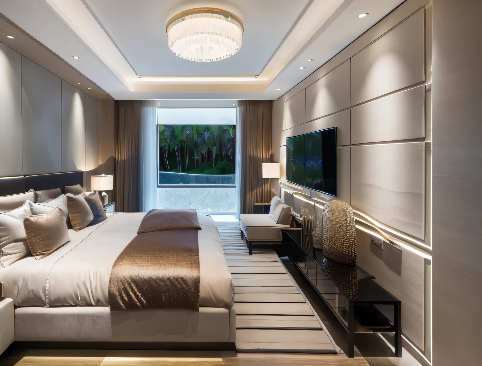 Modern bedroom interior design, wood floor, rug, luxurious sofa, glass window, glass door, lamp, picture frame, wooden cabinet, white curtain, white ceiling, (masterpiece), realistic, high quality, softlight, natural contrast, scenery,(luxury), stucco wall, vivid colour, sunset lighting, background island