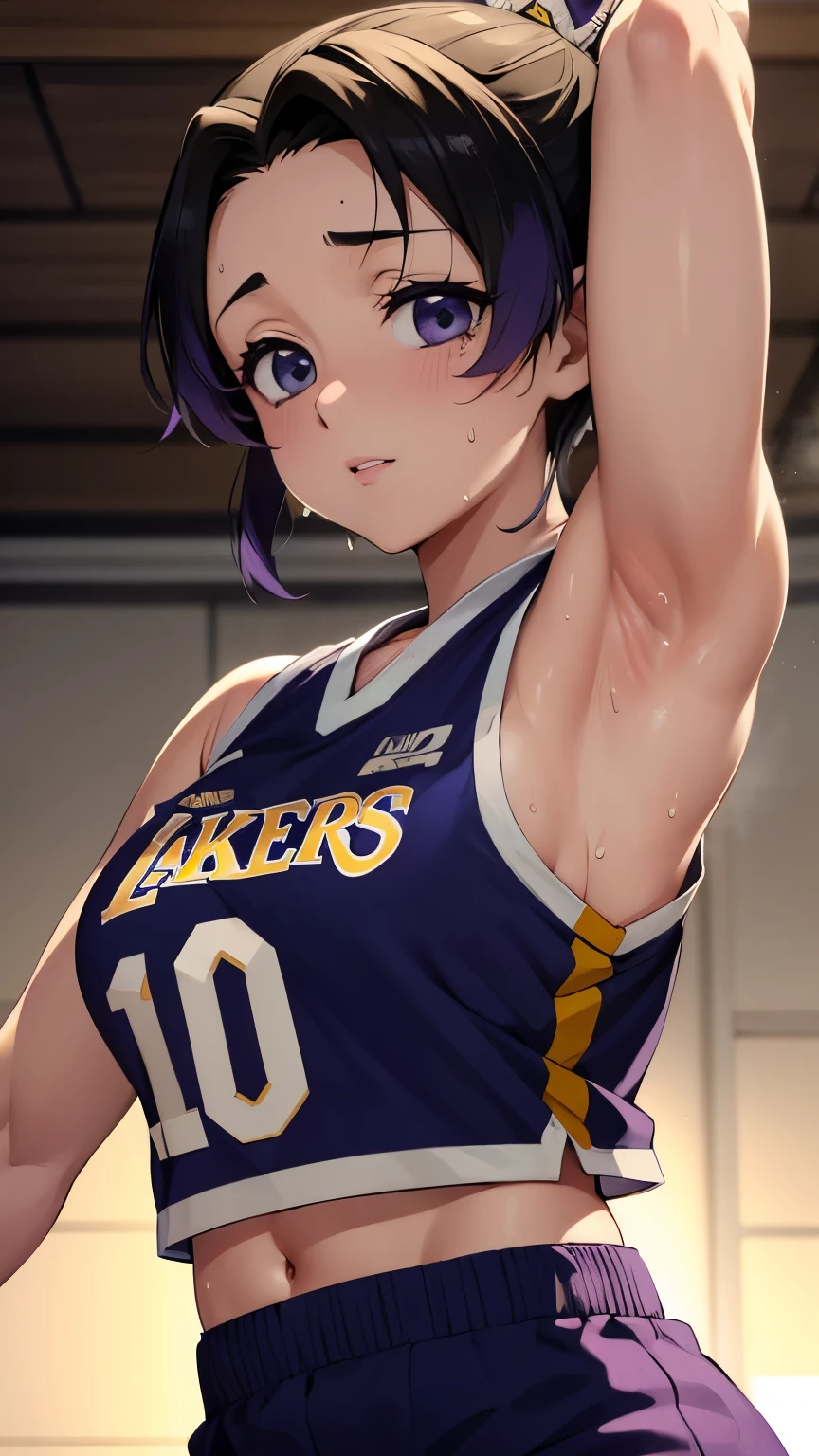 a close up of a person wearing a basketball uniform, a picture, inspired by Kentaro Miura, trending on pixiv, Shinobu Kochou, Demon Slayer, Kimetsu no Yaiba, wearing yellow nba jersey, yellow croptop nba jersey, wearing a low cut croptop, wearing croptop, croptop, the words "Lakers" written on the croptop, golden raito, (winking), shirobako, large)}], favorite scene, fine details. anime. skins, sweating, big breasts, both hands raised, armpits, armpits visible, dripping with sweat, more more sweat, sweaty armpits