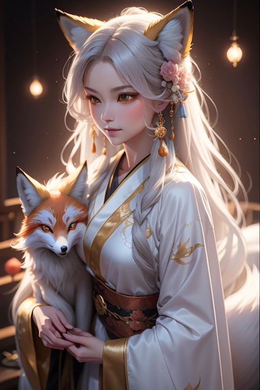 A woman with the features of a fox spirit, or kitsune, is depicted in the image. Her lithe and agile figure is adorned with the bushy tail and pointed ears typical of a fox. Her eyes are bright and glowing, filled with an otherworldly wisdom. She wears traditional Japanese robes, often seen on kitsune folklore, made of elegant silk and embroidered with delicate floral patterns. In her hands, she holds a radiant moon orb, a symbol of her connection to the supernatural world. The scene is enveloped in a softly glowing light, adding to the magical aura surrounding the mujer kitsune.