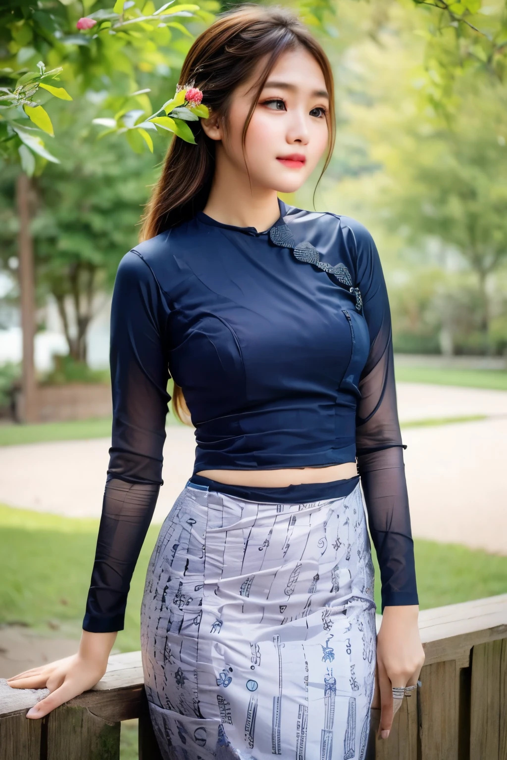 1 girl, solo, seductive look, element of elegance and charm, (masterpiece, best quality, high resolution:1.2), looking at the viewer, standing, (intricate and beautiful:1.2), (detailed light:1.2), (soft light , side light), (high resolution textures), outdoor, Burmese girl, acmm ls outfit, wearing acmm top, white acmm top, long sleeves, wearing acmm long skirt, dark navy blue acmm long skirt, printed skirt