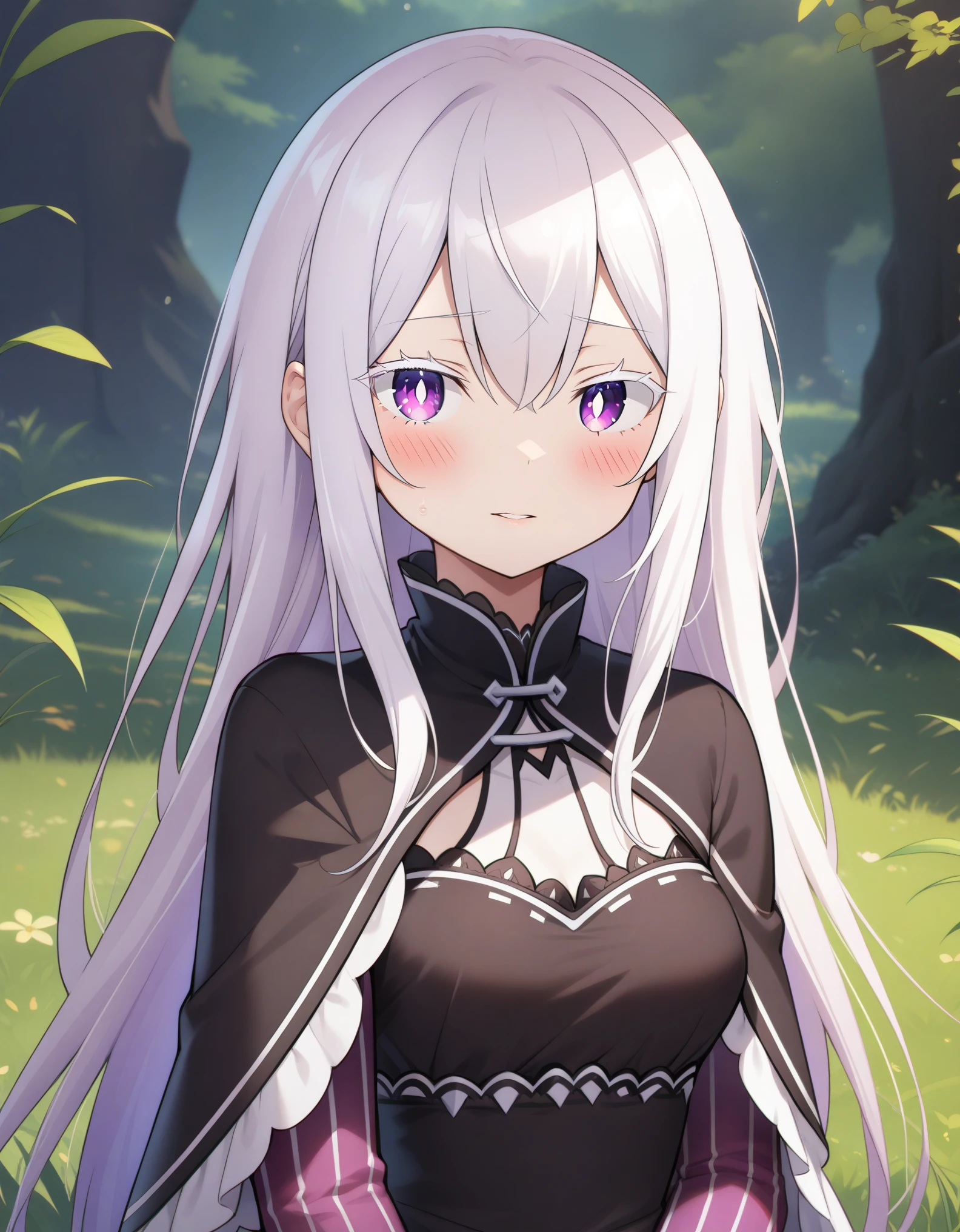 (masterpiece, best quality, very aesthetic, ultra detailed), intricate details, 1girl, echidna \(re:zero\), re:zero kara hajimeru isekai seikatsu, white hair, colored eyelashes, white eyelashes, bright pupils, violet eyes, long hair, sidelocks, black capelet, black dress, layered dress, blush, outdoor, grass background