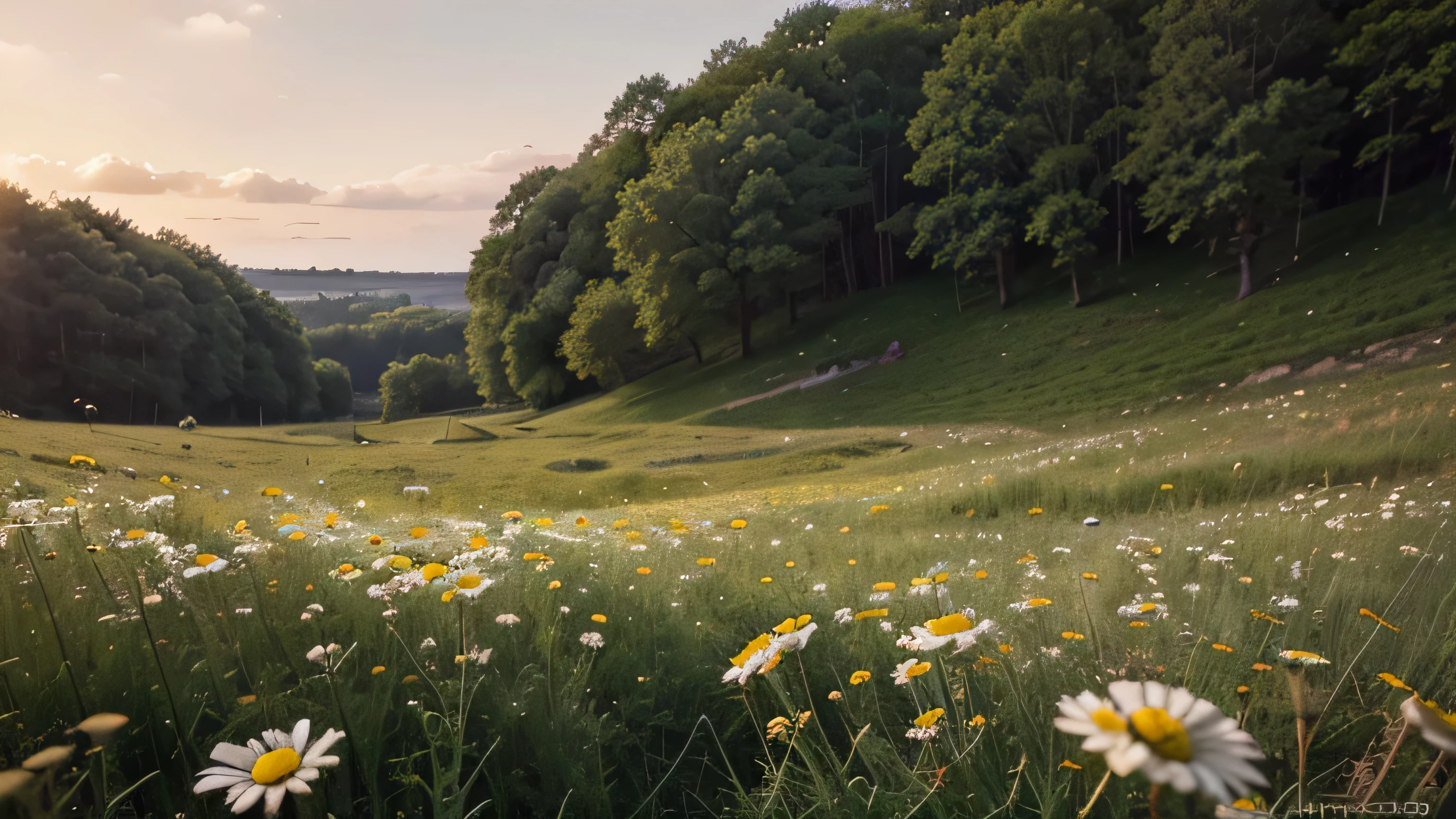 landscape with chamomile flowers ideal for insects, hyperrealistic, masterpiece, small details, photorealistic, ultrarealistic photo, 8k UHD, digital slr camera, Soft lighting, high quality, film grain
