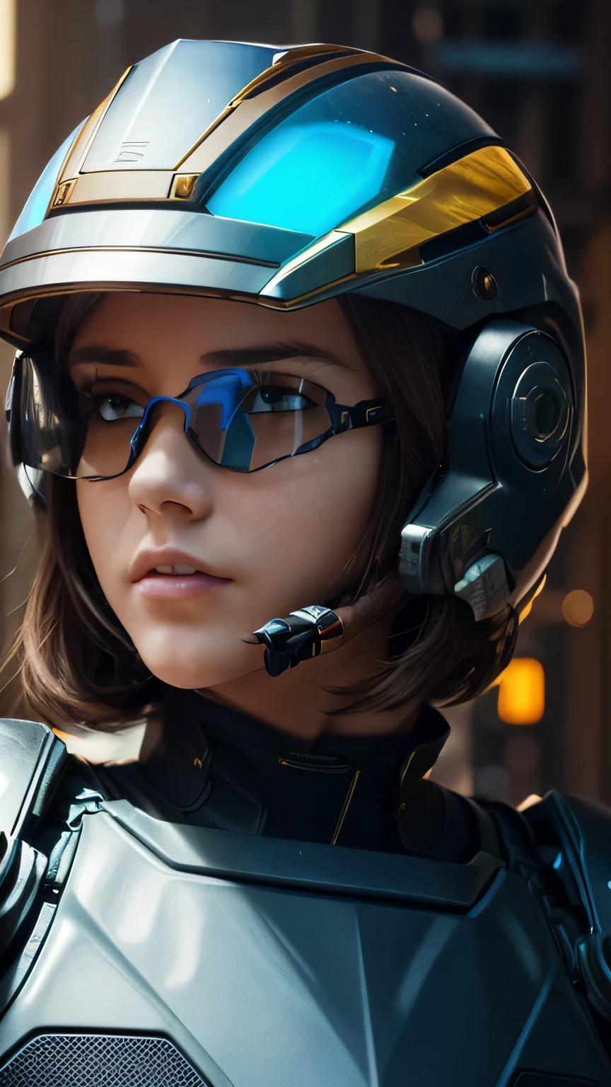 masterpiece, 最high quality, , (alone), 1 girl, look up, dim light, , horizon_(apex legend), goggles, blue eyes, brown hair, gauntlet, shoulder armor, (((full face mechanical helmet))), (science_fiction), outdoor, street, neon light, cyber punk, masterpiece, 最high quality, high quality, High resolution, (((close up of face)))