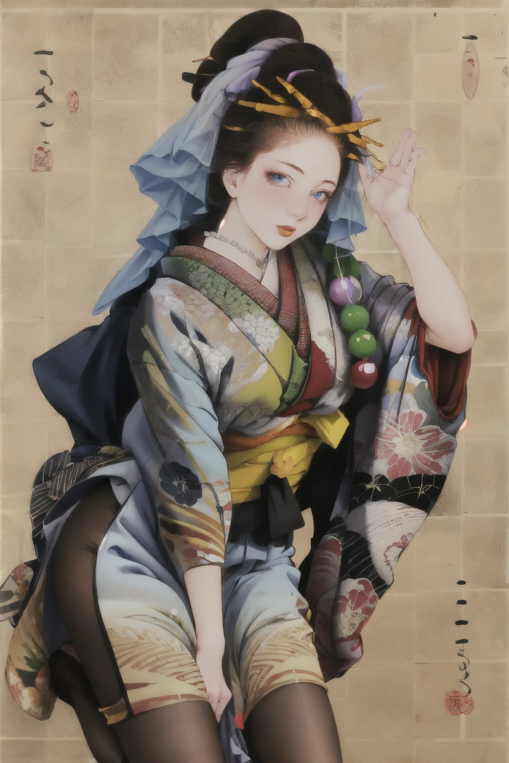 1 girl, alone, looking at the viewer, blue eyes, black hair, hair ornaments, Upper body, kimono, kimono, sash, compensate, lipstick, red nails, red lips, Hairpin,silk stockings ,See-through hakama, dark purple eyes,黒地に紺のkimono ,Open Crotch See-Through,Black face veil , black nylon , silk stockings ,See-through hakama、透けた黒い色のkimono ,sheer lingerie,enamel high heels,pearl necklace,red collar,straight, shortcut, hair ornaments, kimono