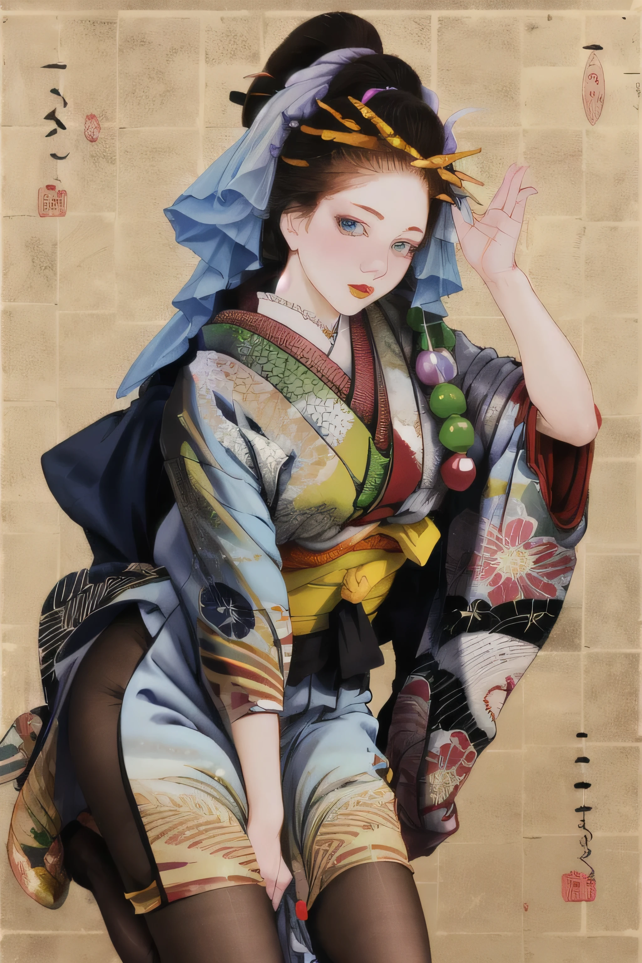 1 girl, alone, looking at the viewer, blue eyes, black hair, hair ornaments, Upper body, kimono, kimono, sash, compensate, lipstick, red nails, red lips, Hairpin,silk stockings ,See-through hakama， dark purple eyes，Navy blue kimono on black background　,Open Crotch See-Through,Black face veil , black nylon , silk stockings ,See-through hakama、Transparent black kimono　,sheer lingerie,enamel high heels,pearl necklace,red collar,straight,　shortcut,　hair ornaments,　kimono