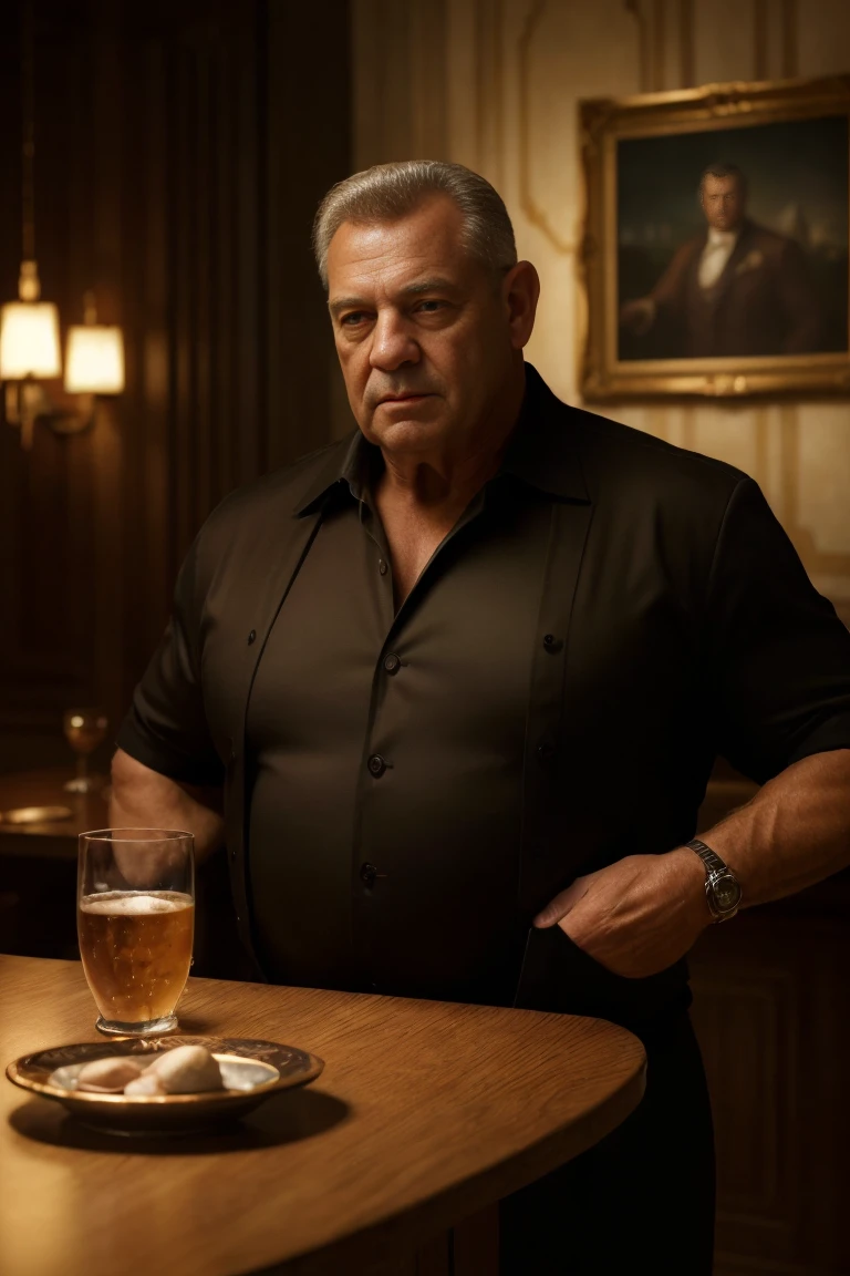 (high quality,realistic,photorealistic:1.37),(best quality,4k,8k,highres,masterpiece:1.2),portrait,60-year-old man,disgusting,60 years,muscular chubby,waiter uniform,father,kind,elegant bar,soft lighting,rich colors.