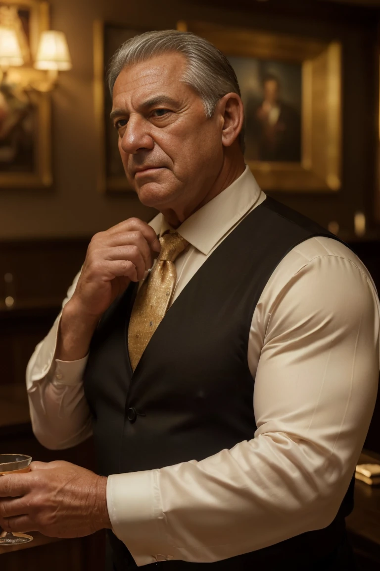 (high quality,realistic,photorealistic:1.37),(best quality,4k,8k,highres,masterpiece:1.2),portrait,60-year-old man,disgusting,60 years,muscular chubby,waiter uniform,father,kind,elegant bar,soft lighting,rich colors.