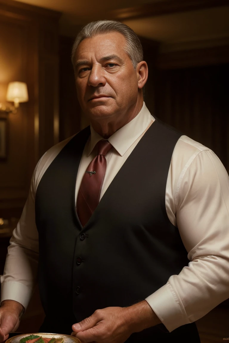 (high quality,realistic,photorealistic:1.37),(best quality,4k,8k,highres,masterpiece:1.2),portrait,60-year-old man,disgusting,60 years,muscular chubby,waiter uniform,father,kind,elegant bar,soft lighting,rich colors.