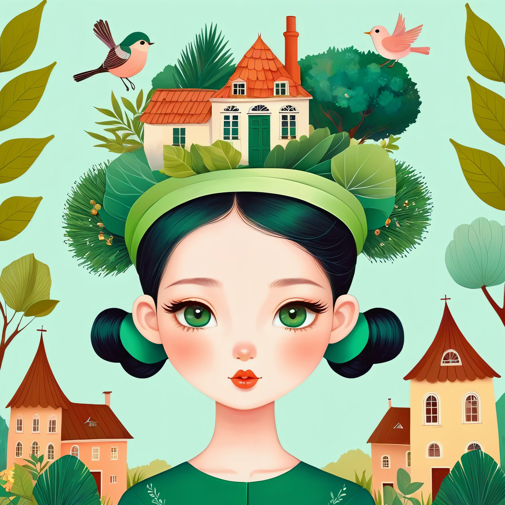 flat，vector，A beautiful girl with green eyes，Wearing an elegant headband，Hair decorated with elements of nature and houses，Carrying a house on your head，Carrying houses and buildings on his head，Village on the head，tree on head，close up，simple，Hand drawn illustration style，Cute cartoon design，green palette，Birds were flying around her face，by Hsiao Ron Cheng，Patchwork patterns of fabrics are used in a whimsical illustration.