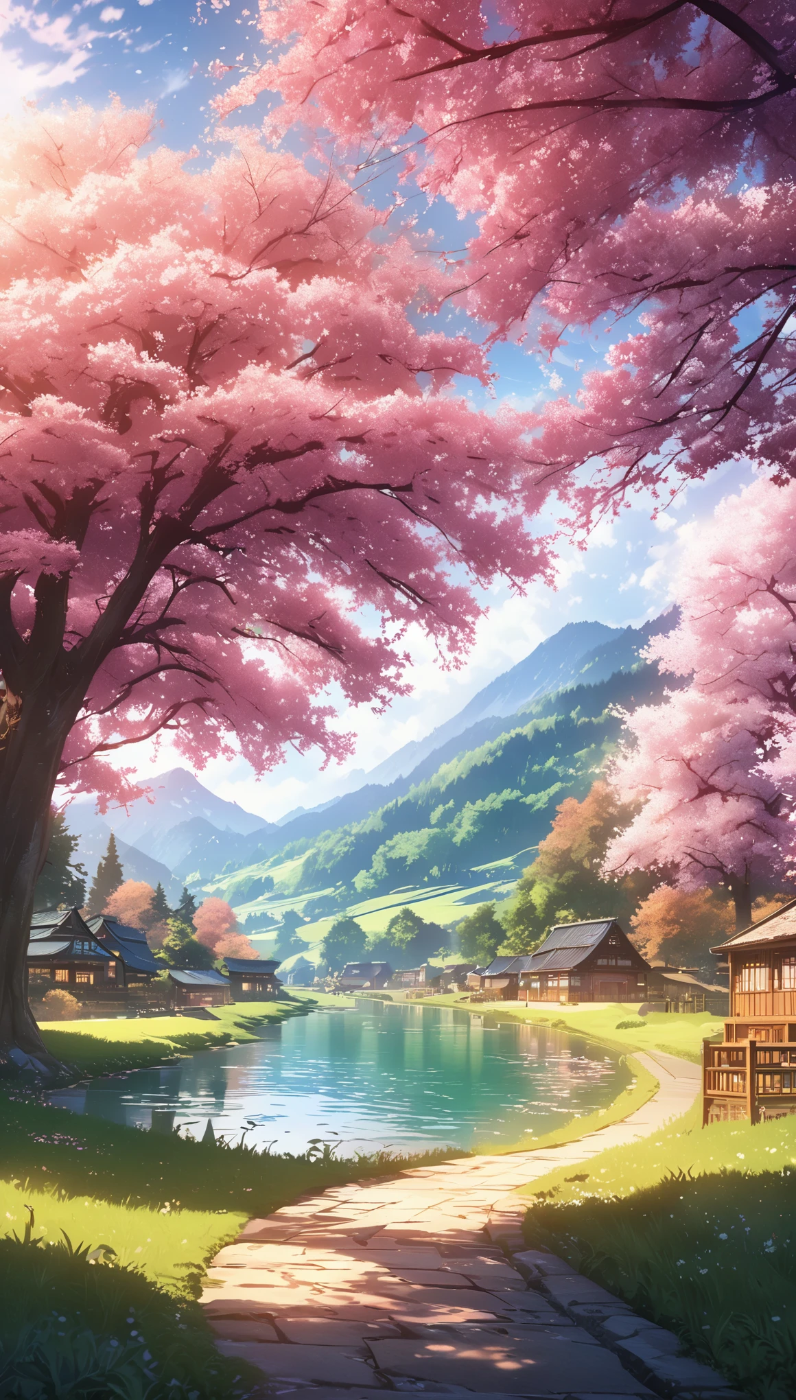 Draw a river and a small village, Anime beautiful peaceful scene, very beautiful scenery, landscape artwork, landscape art details, Very beautiful digital art, beauty of natural landscape, Beautiful art ultra hd 4k, very beautiful photos, beautiful nature, landscape wallpaper, really beautiful nature, Beautiful digital artwork, beautiful background, Cherry tree, anime style