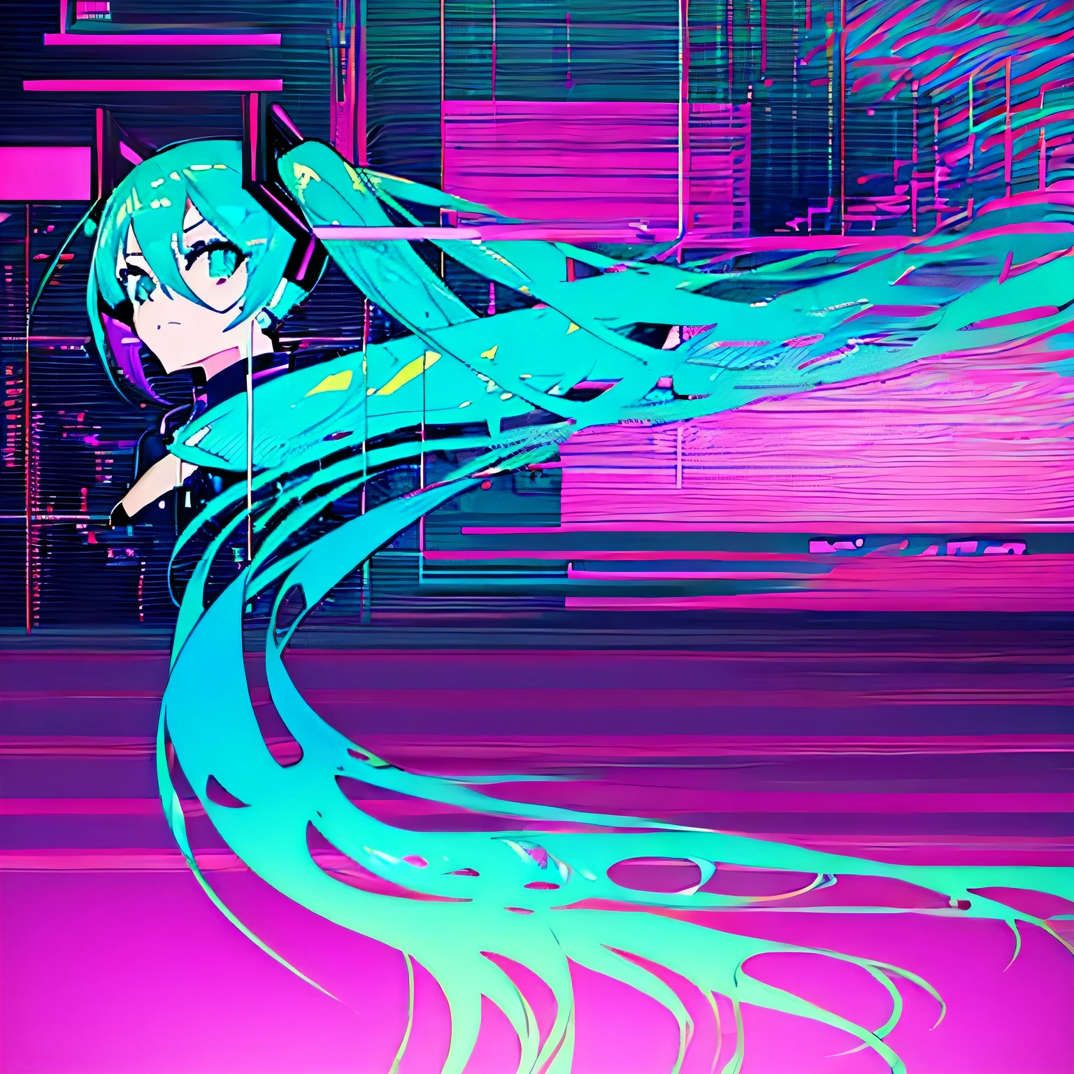 (Ridiculous, high resolution, Super detailed), (1 girl:1.3), Double tail, purple hair, rest , glitch art, digital distortion, pixelated clip, Data corruption, color noise, visual clutter, contemporary aesthetics rest , Enamel Art, glassy surface, bright colors, glossy finish, Reflective texture, Rich in pigments, fluid forms rest,Hatsune Miku