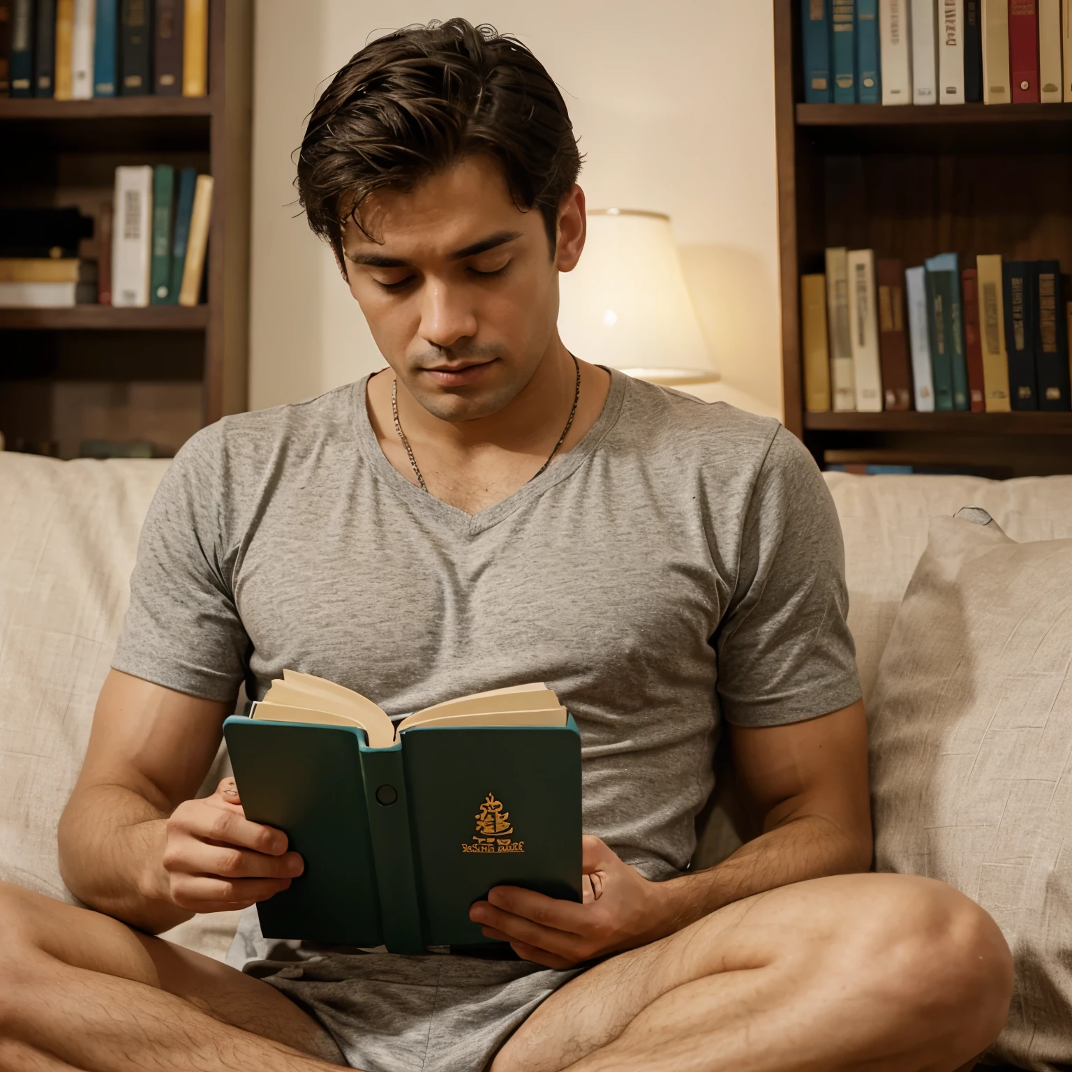 Create a pic of the 27 years old indian boy reading book under ocean 