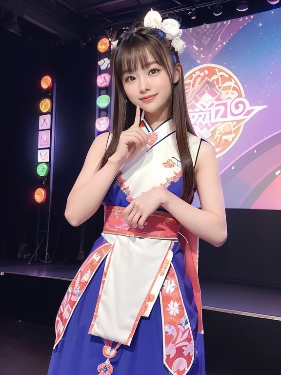 Raw photo、A girl stands on a large raised stage、big breasts、concert venue、singing and dancing)bright smile(17 year old girl、small face、very beautiful face、idol makeup)(((super fair skin、Whitening skin、pure white skin))) realistic skin(sparkling eyes)、big breasts、thin waist、long legs、big  (brown hair、straight hair to shoulders、hair behind ears、beautiful hair、smooth hair)She performs a solo on stage(((Kunoichi、Ninja costume with detailed, beautiful and colorful patterns))))Ninja house background((The atmosphere is colorful concert lights,Upper Light、 Create a  glow around her))Her adorable look、