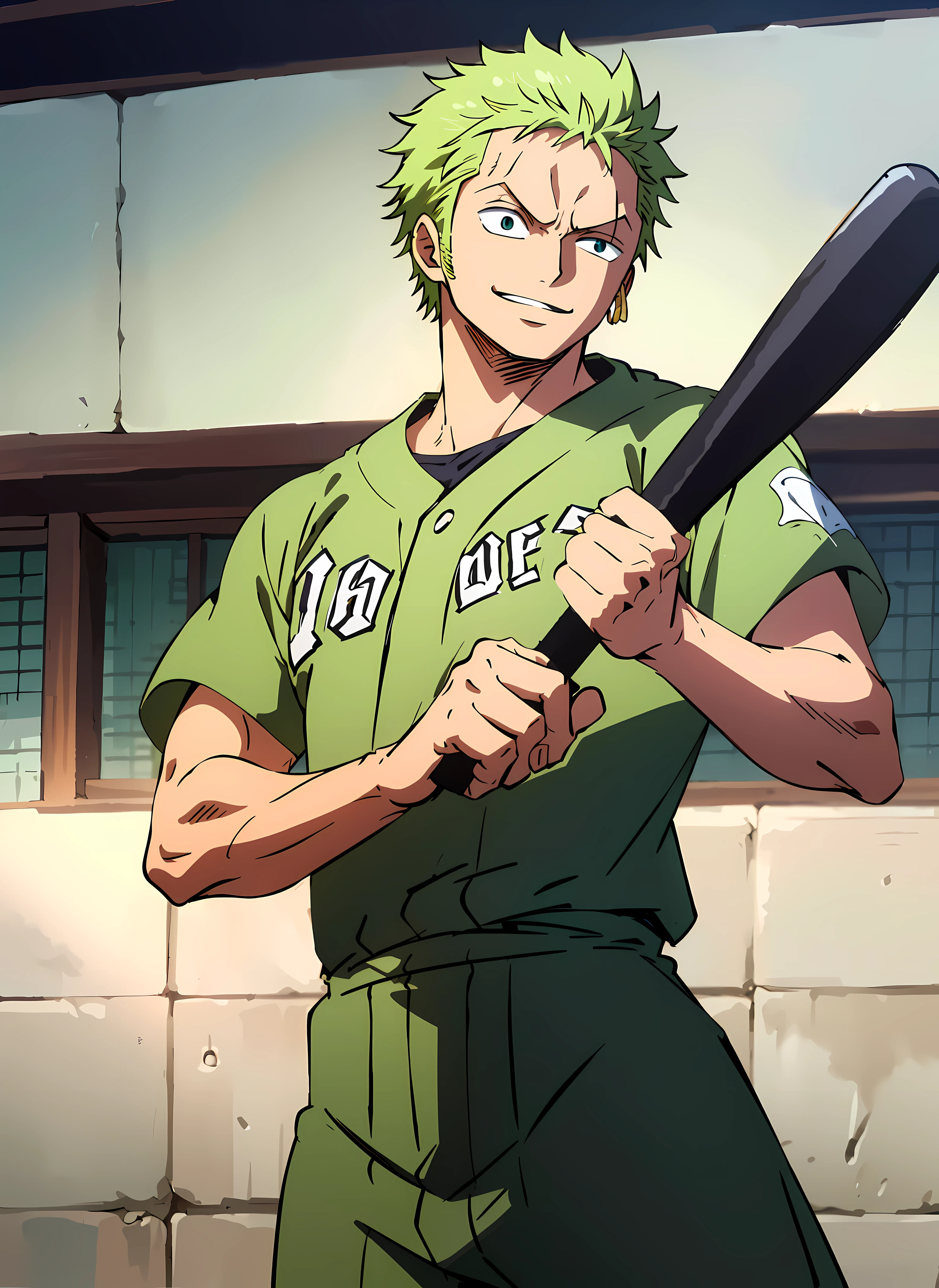 roronoa zoro, handsome face, cool face, badass face, smiling confidently, baseball player,sportswear, short green hair, head to waist view, playing baseball, intense baseball match, ((standing still)), ((focused)),((ready to hit the ball)), ((holding a baseball bat)), ((sharp focus)) daytime,indoor lighting,anime style, best quality, unity 8k wallpaper, anatomically correct, (((masterpiece))), (((best quality))), (((ultra detailed))), (((high-resolution))), ((super fine illustration)), ((Badass)), ((detailed face)), ((perfect hands)), perfect finger, ((perfect eyes)), ((muscular body)), Solo, One man,(looking at the screen:1.4), ((holding a perfect baseball bat )), good camera angle