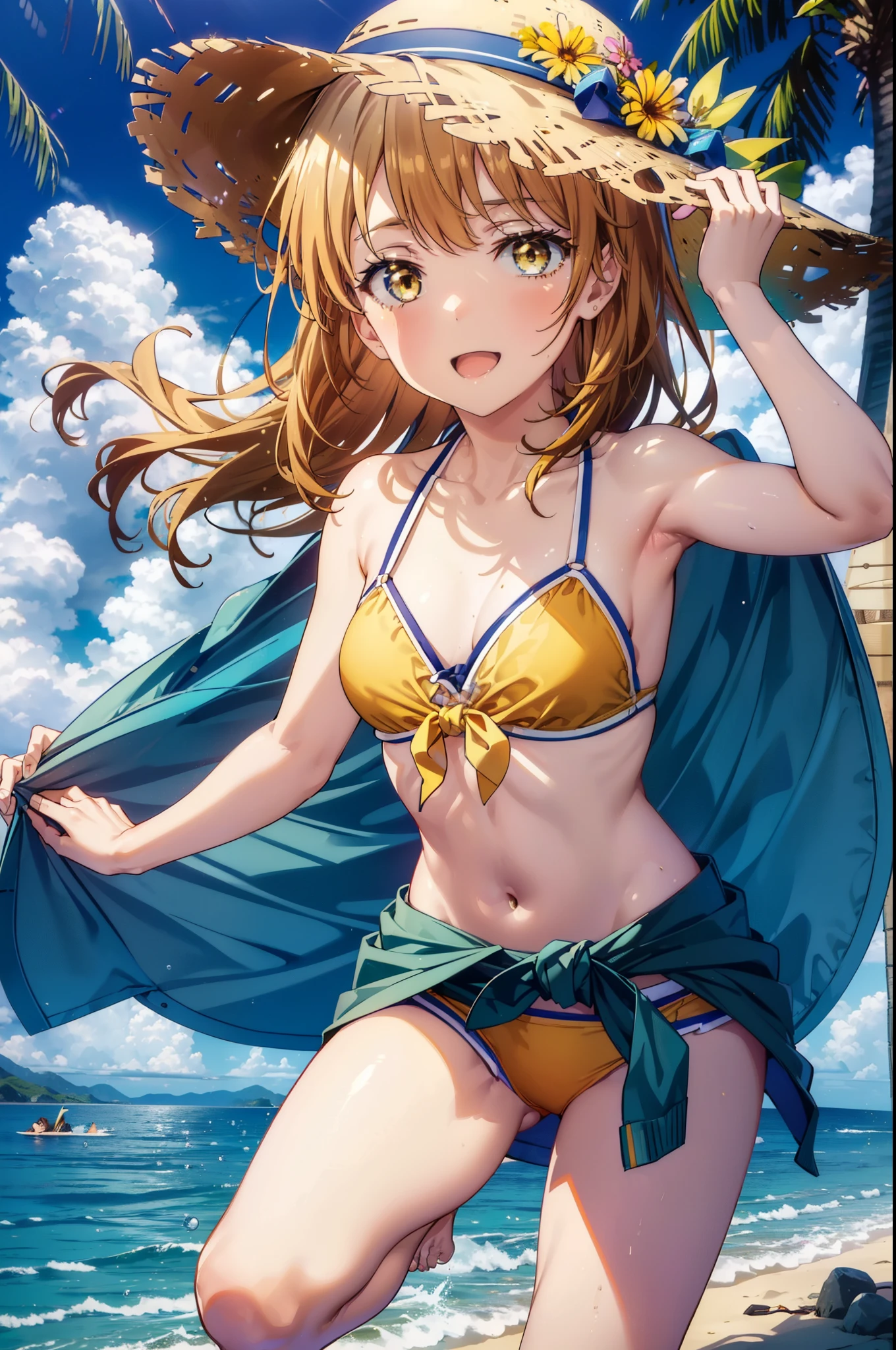 irohaisshiki, iroha isshiki, long hair, brown hair, (brown eyes:1.5), Medium chest,happy smile, smile, open your mouth,smile,big straw hat,Yellow bikini swimsuit,naked belly,It&#39;s thin, A yellow blanket is tied around her waist., barefoot, beach outfit,real summer,Palm tree, 砂浜
break outdoors, beach,
break looking at viewer,
break (masterpiece:1.2), highest quality, High resolution, unity 8k wallpaper, (shape:0.8), (fine and beautiful eyes:1.6), highly detailed face, perfect lighting, Very detailed CG, (perfect hands, perfect anatomy),