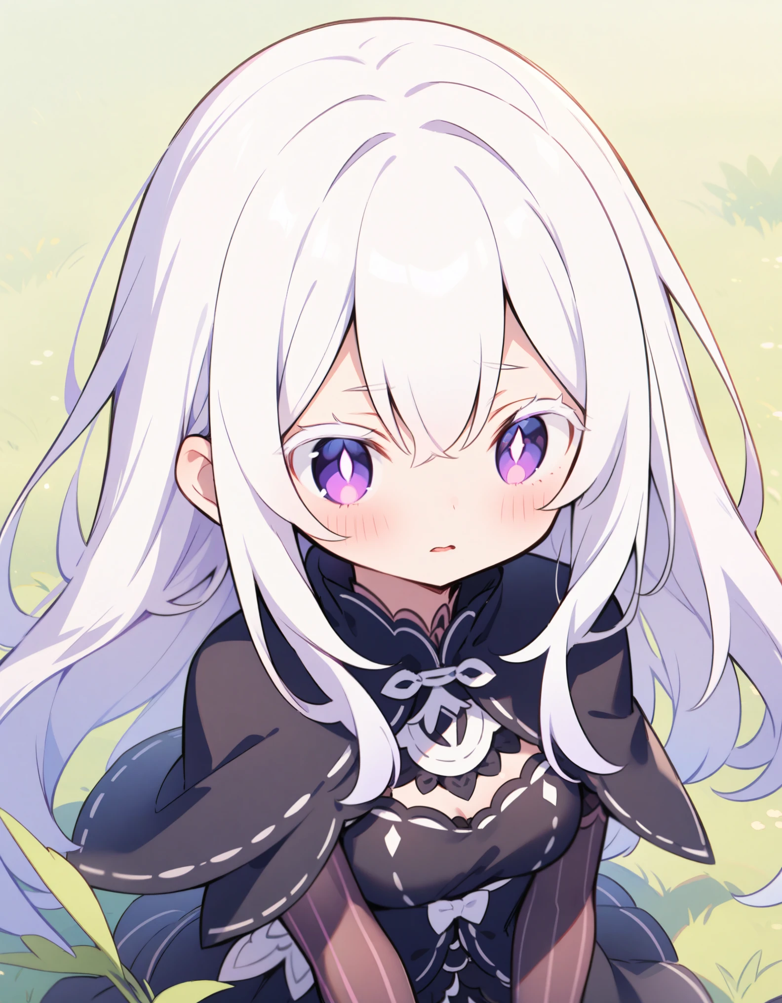 (masterpiece, best quality, very aesthetic, ultra detailed), intricate details, 1girl, echidna \(re:zero\), re:zero kara hajimeru isekai seikatsu, white hair, colored eyelashes, white eyelashes, bright pupils, violet eyes, long hair, sidelocks, black capelet, black dress, layered dress, blush, outdoor, grass background