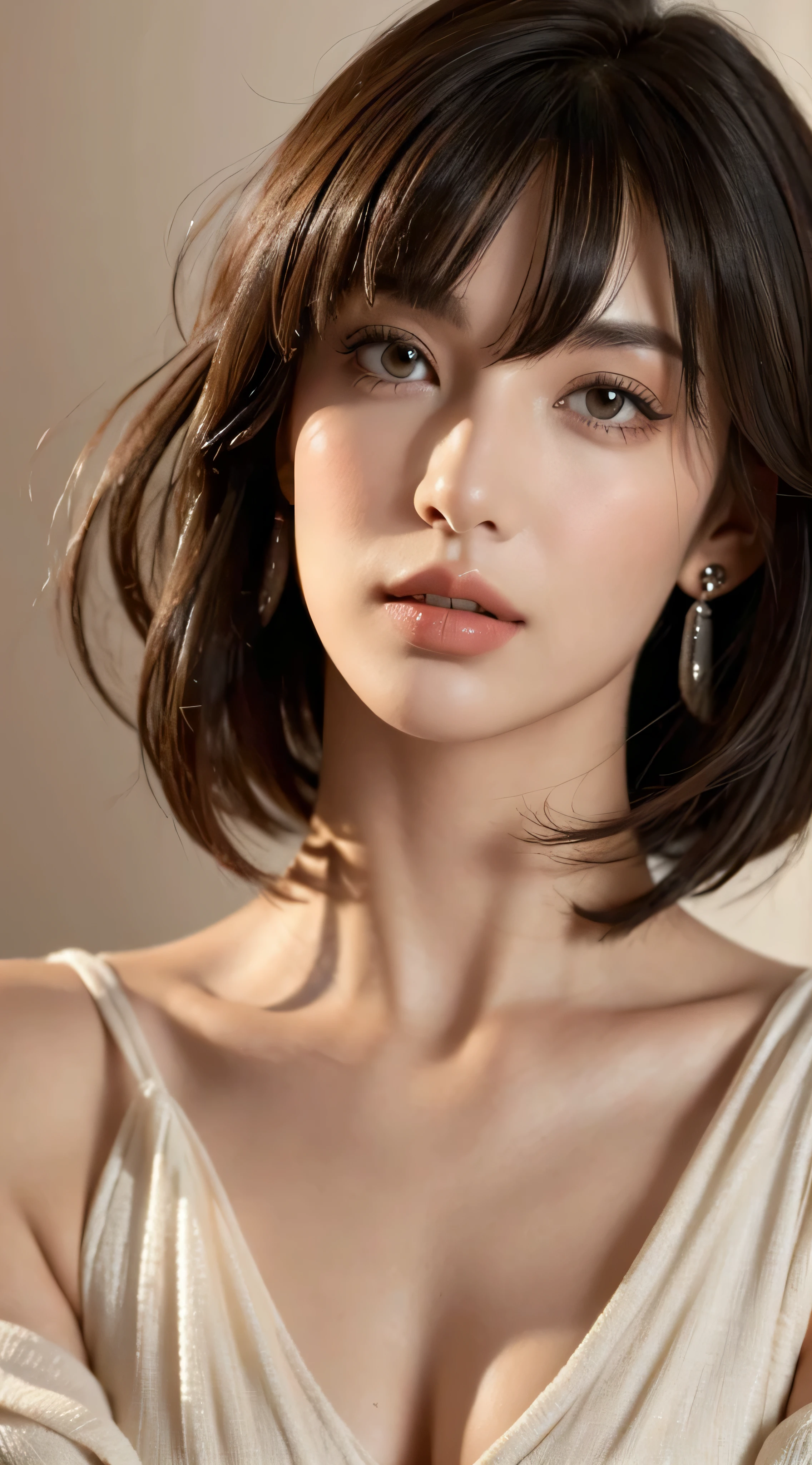 beautiful woman, italian woman, europian, europe woman, masterpiece, best quality, ultra detailed, (photorealistic:1.5), in the dark, deep shadow, low key, cold light, sexy look, shiny eyes, detailed face, full body, detailed body, wearing earrings, beautiful eyes, hazel green eyes, detailed eyeshadows, detailed eyelashes, brown hair, wispy fringe bangs haircut, (attractive:1.6), sharp focus, seductive eyes, (short hair:1.3), (wavy hair:1.2), off shoulder dress, (beautiful:1.6)