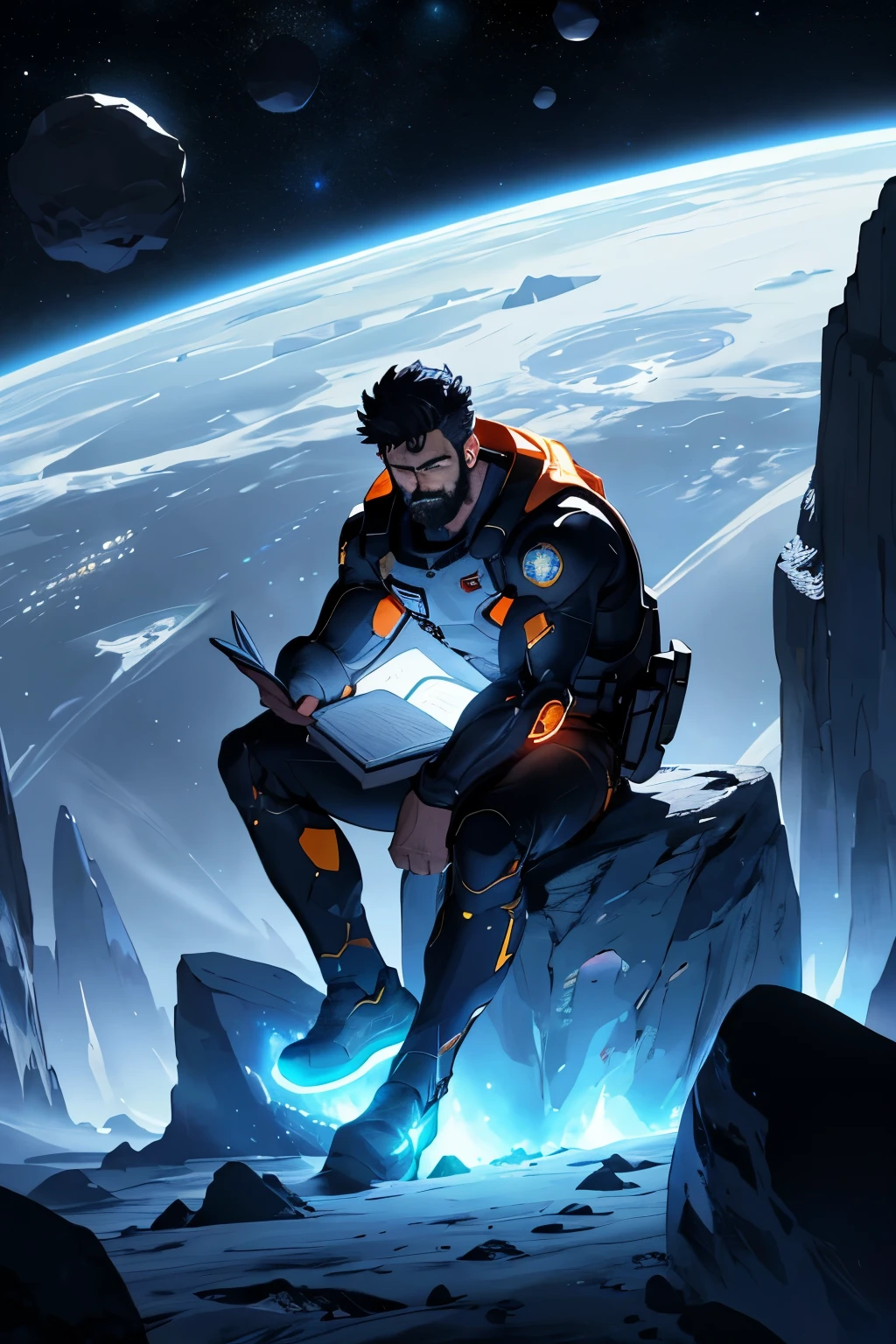 Draw a young programmer, sitting on a research platform floating in the middle of an asteroid belt. He is studying with a notebook, surrounded by several asteroids glowing with fiery auras. Dramatic lighting from distant stars and planets illuminates the scene, casting deep shadows on the suit. The young man looks confident and determined, looking at the vast and mysterious universe with wonder and respect,facial hair, cowboy shot,