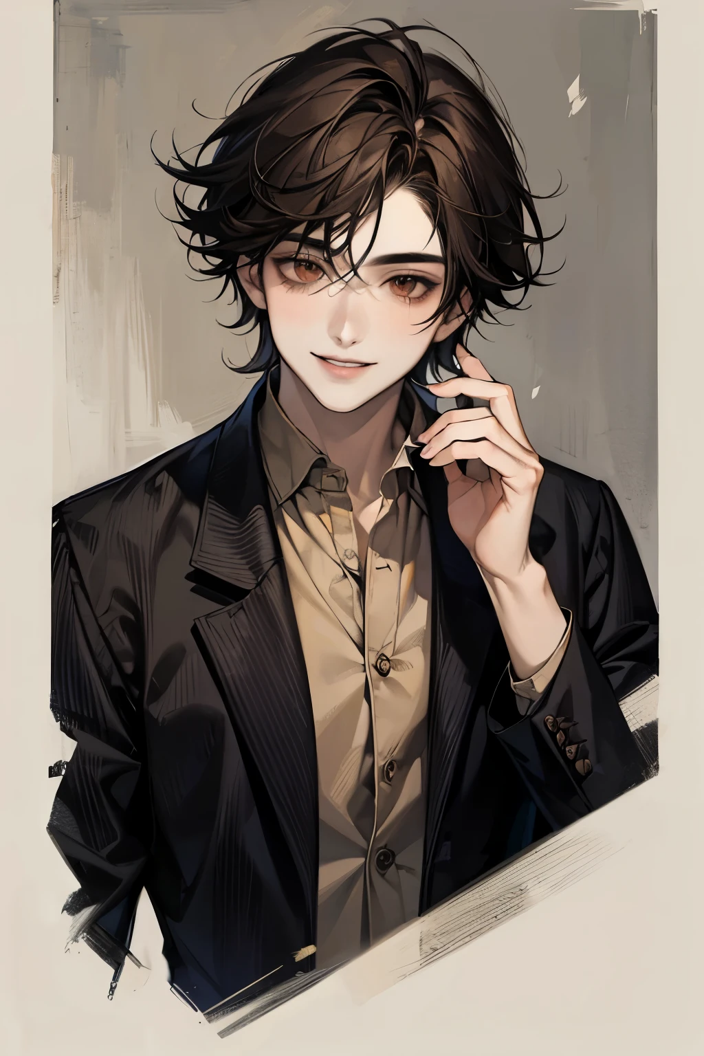Masterpiece, best quality, solo, male, black hair, medium hair, brown eyes, smile facial, black casual shirt