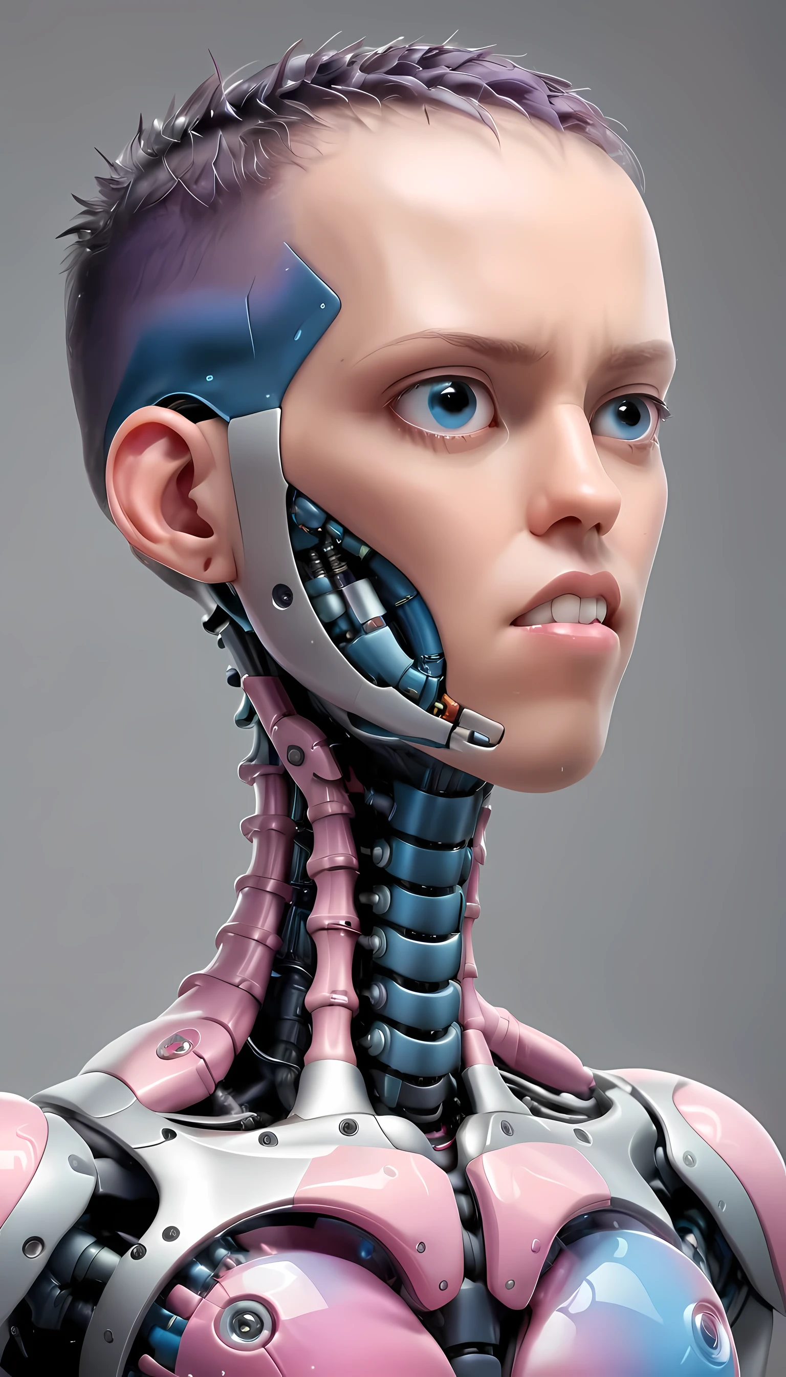 coopie, (Complex Professional 3D rendering:1.3) of (Ultra detailed:1.3) side profile, xray diagram deconstruction of a cyborg brain to machine interface, extended neck, glowing lights, Highly detailed, Depth, Many parts, Lumen render, 8k x-ray style translucent bald head, clear skin, synthetic bone, purple pink and blue Xray style on a grey background covered in geometric patterns,CGSociety,ArtStation