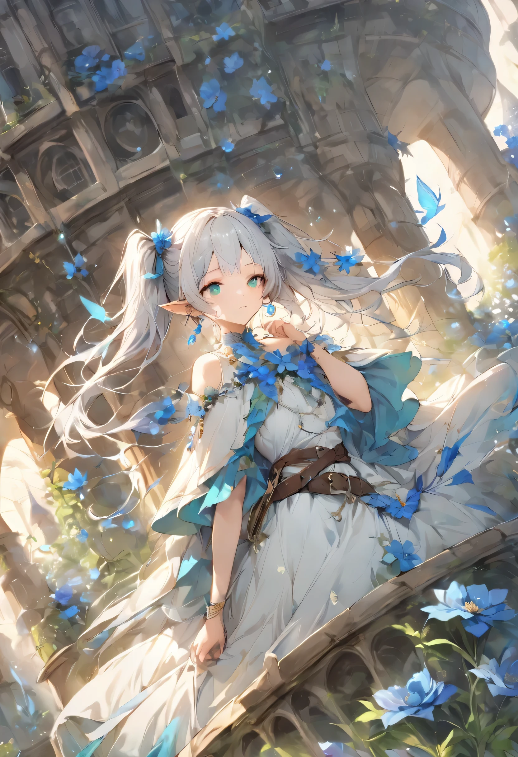 masterpiece, best quality, very aesthetic, absurdres, spirit of the wind, (lots of blue flowers all over the roof of a round tower:1.3), Frieren looking at the blue flowers on the roof of the tower from the sky, streaks of light on the flowers, 1 girl, elf, alone, sharp_ear, twin tails, green_eye, length_hair, jewelry, white_hair, white capelet, earrings, capelet, belt, shirt, dress, Broke up_front hair, length_sleeve, bangs, white_dres,
(on the roof of the tower:1.3), (Frieren exclusive red magic wand)