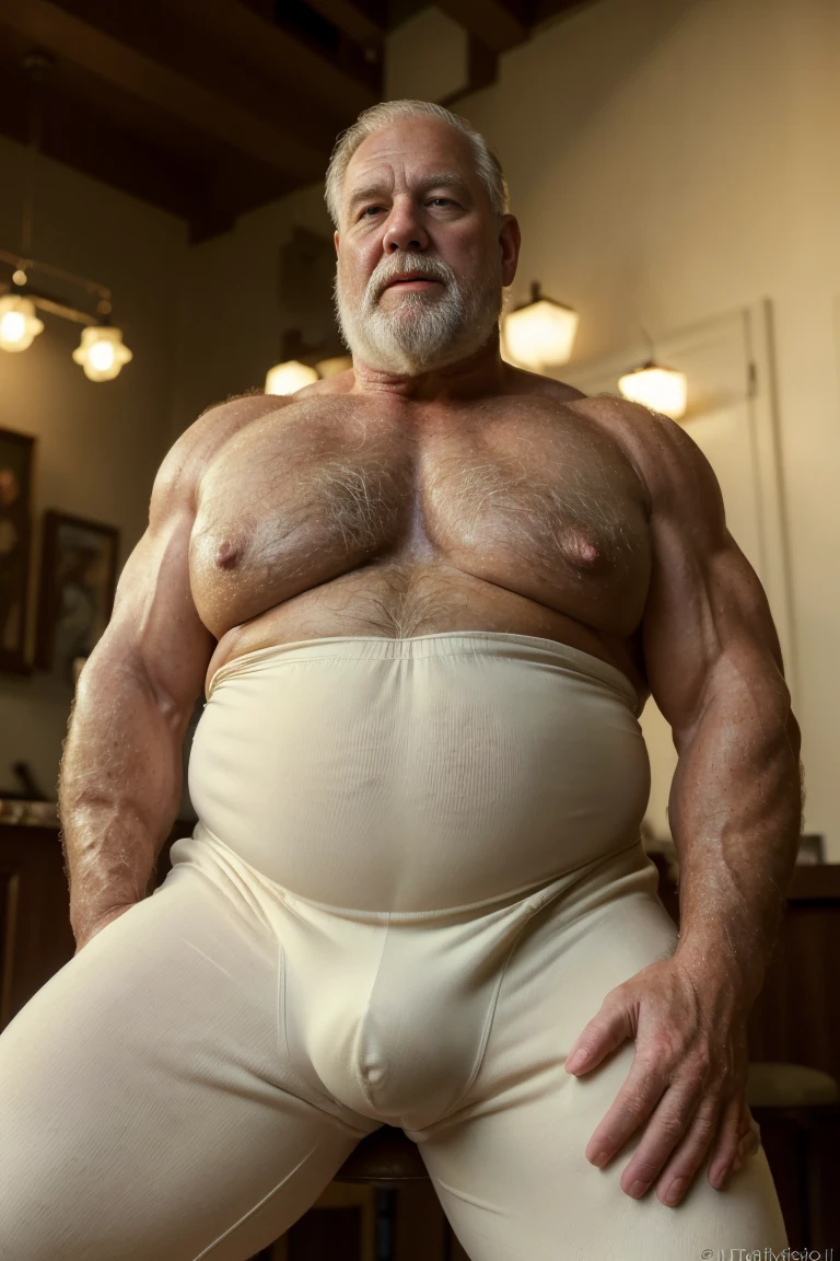 (best quality,4k,8k,highres,masterpiece:1.2),ultra-detailed,(realistic,photorealistic,photo-realistic:1.37),old man portrait,disgusting,white chubby muscular man,suit coverall,dad,hairy bear belly,large bulging pants,candid shots,studio lighting,vivid colors,warm color tone,soft lighting, elegant bar, sweet.