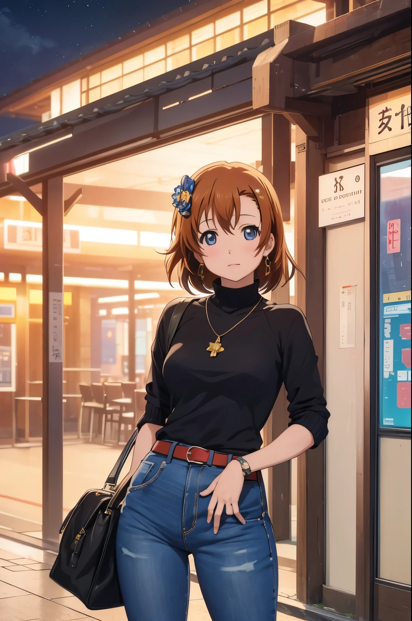 Kousaka honoka, night, train station, tight jeans pants,sweater top,arms behind back, short hair, hair ornament, crotch lines, upper body , cute girly belt