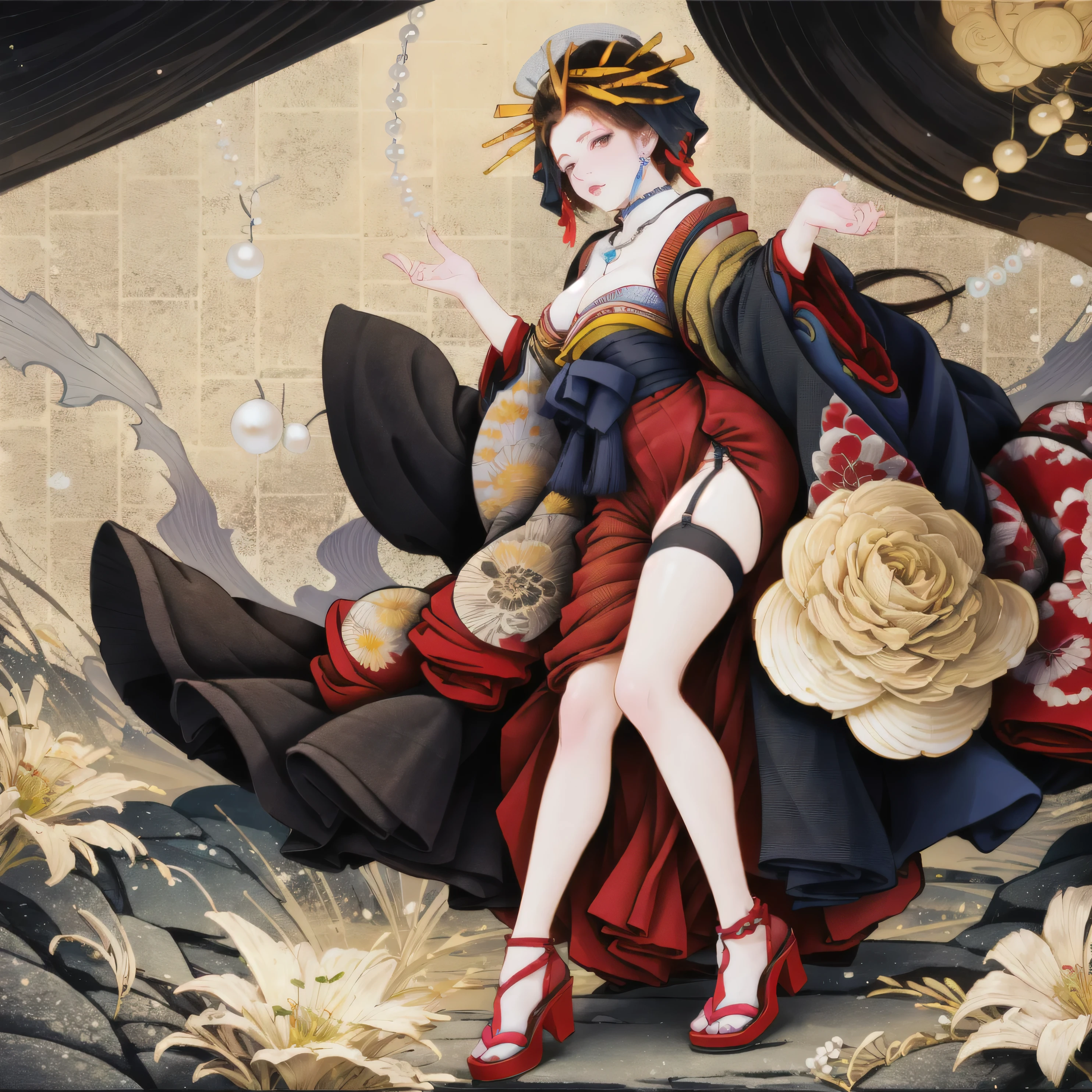 1 girl, alone, looking at the viewer,Open Crotch See-Through,Black face veil , black nylon , silk stockings ,See-through hakama、Transparent black kimono ,sheer lingerie,enamel high heels,pearl necklace,red collar,straight, shortcut, hair ornaments, kimono